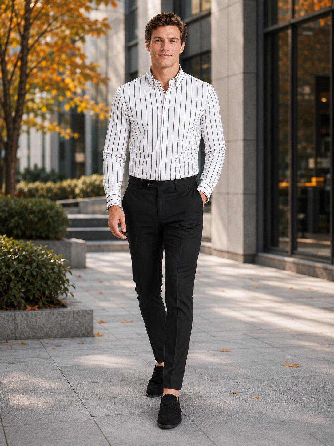 Men’s Striped Button-Down Long Sleeve Shirt Slim Fit Autumn Business Casual Dress Shirt for Office and Everyday Wear
