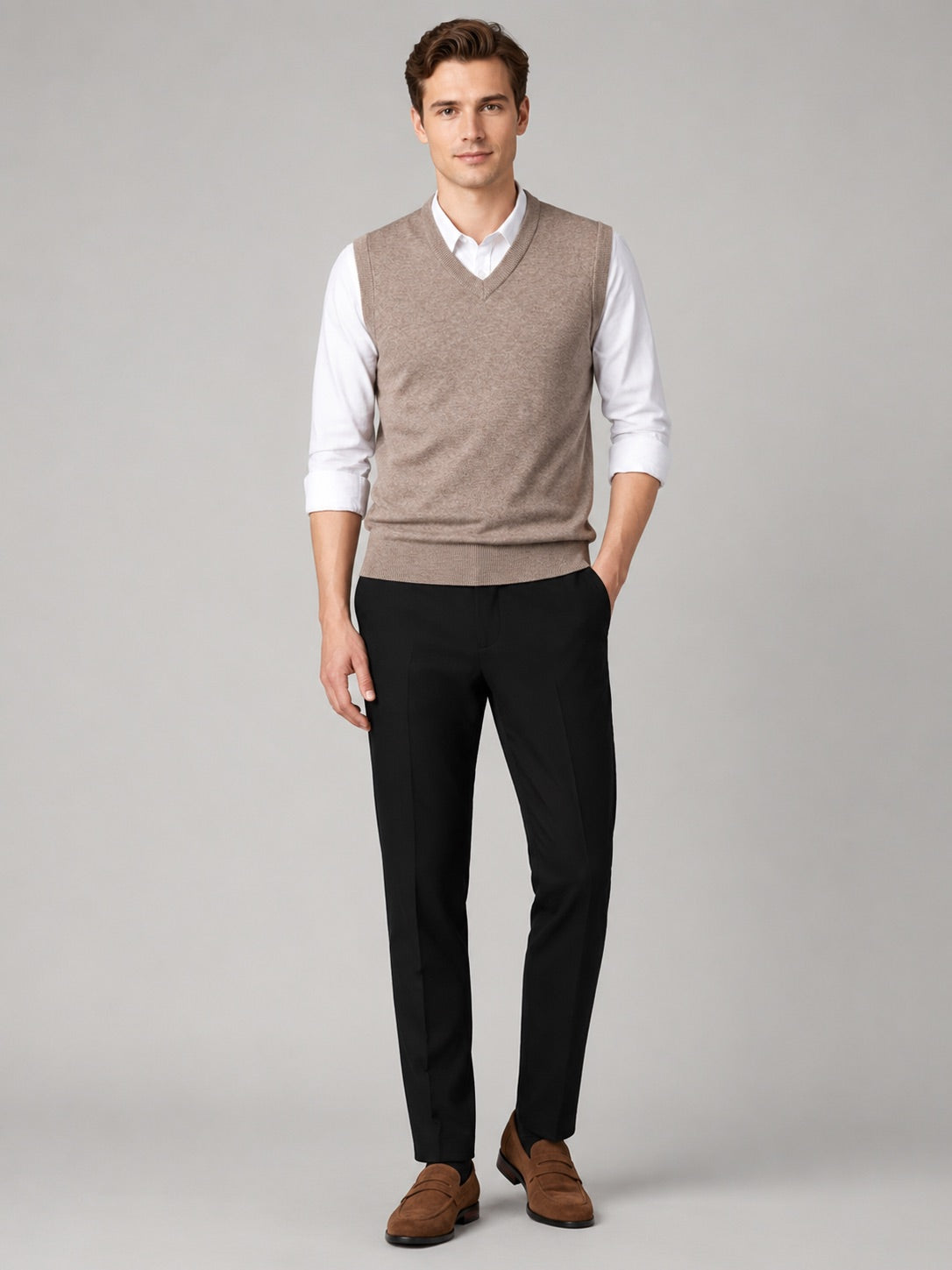 Men’s Sleeveless Jumper V-Neck Solid Colour Knit Autumn Winter Layer for Business Casual and Everyday Wear