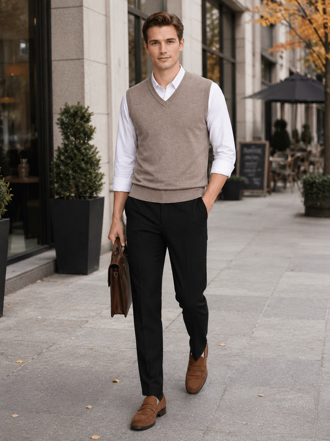 Men’s Sleeveless Jumper V-Neck Solid Colour Knit Autumn Winter Layer for Business Casual and Everyday Wear