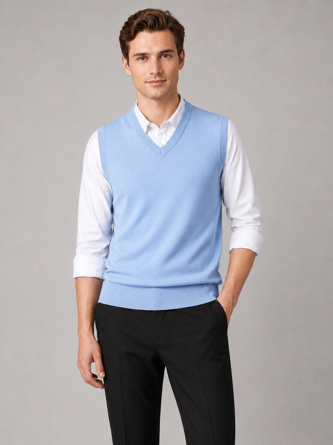 Men’s Sleeveless Jumper V-Neck Solid Colour Knit Autumn Winter Layer for Business Casual and Everyday Wear