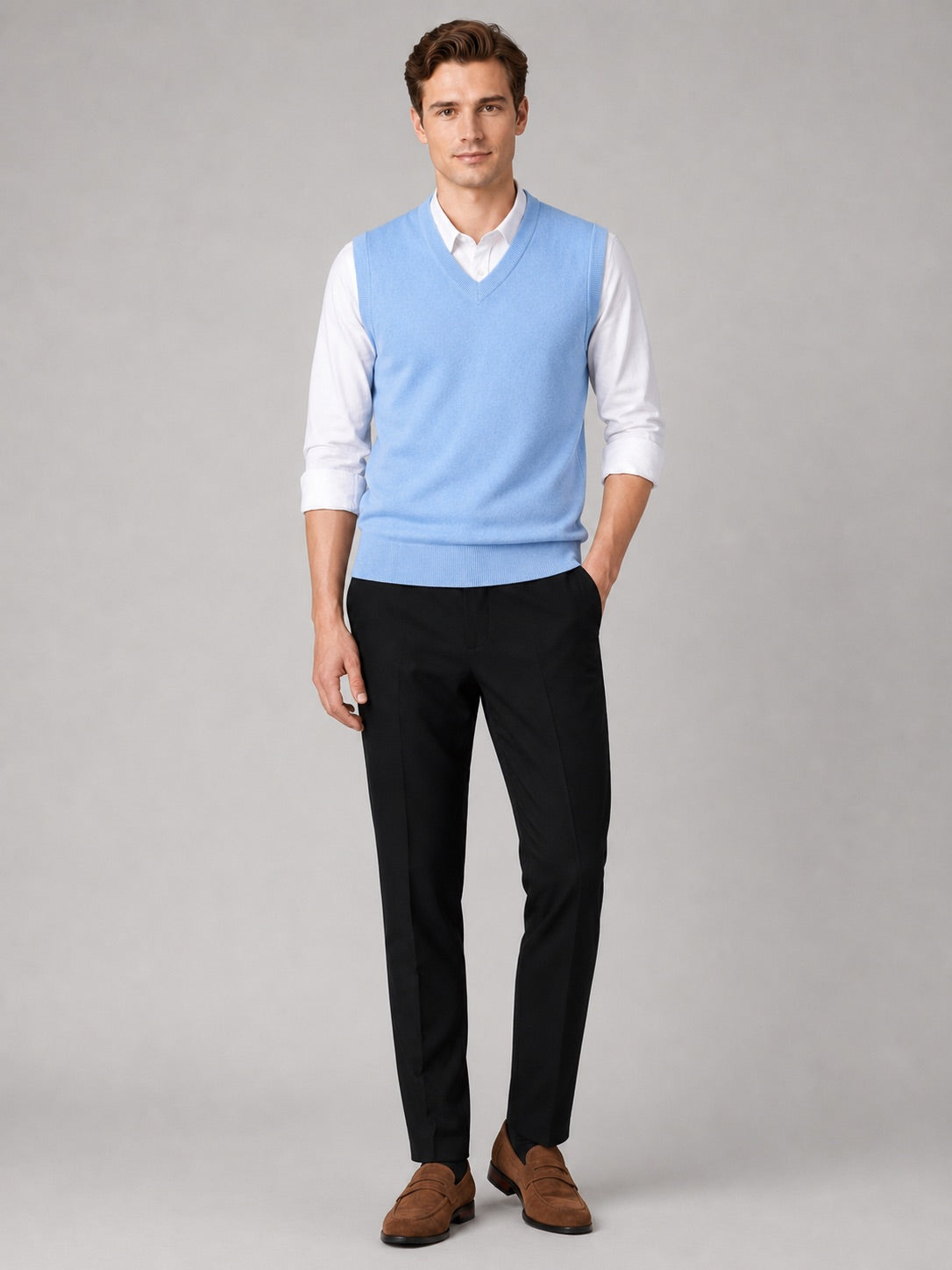 Men’s Sleeveless Jumper V-Neck Solid Colour Knit Autumn Winter Layer for Business Casual and Everyday Wear