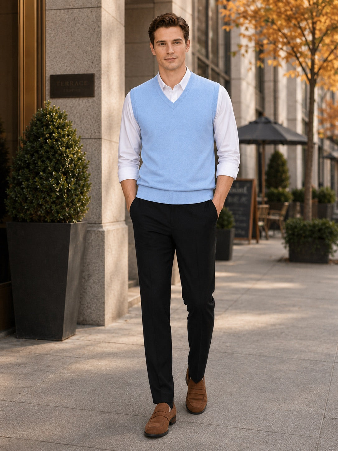 Men’s Sleeveless Jumper V-Neck Solid Colour Knit Autumn Winter Layer for Business Casual and Everyday Wear