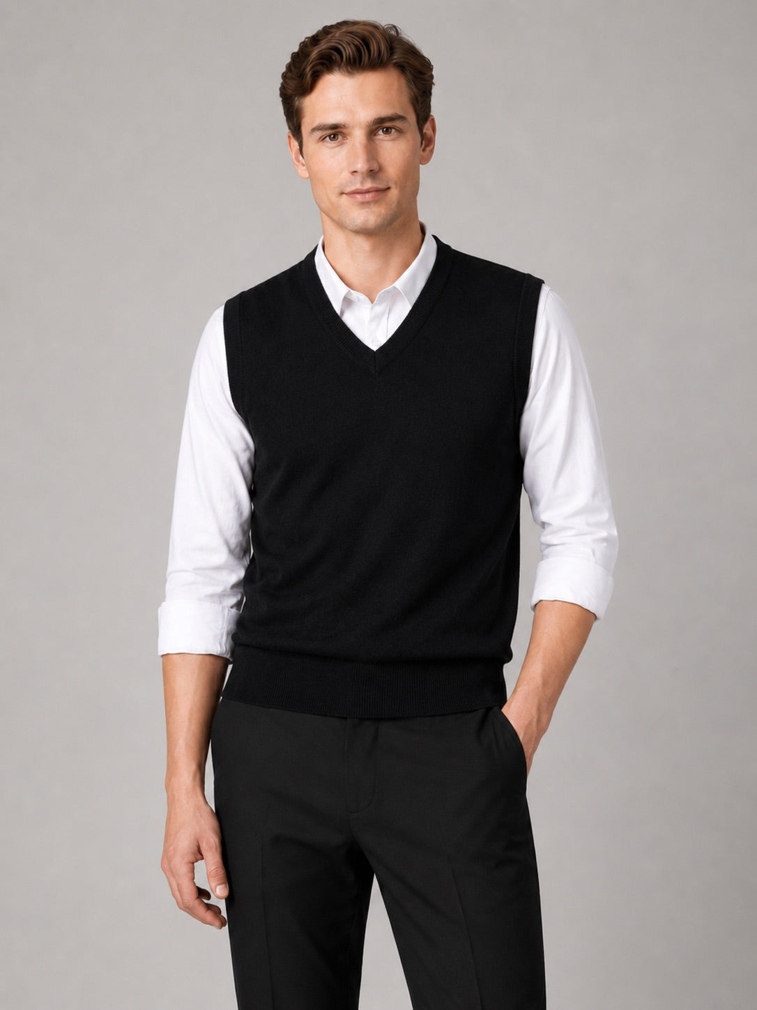 Men’s Sleeveless Jumper V-Neck Solid Colour Knit Autumn Winter Layer for Business Casual and Everyday Wear