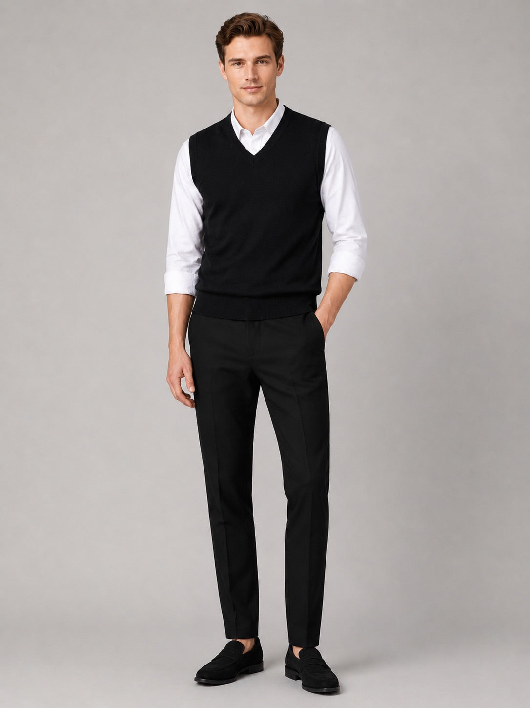 Men’s Sleeveless Jumper V-Neck Solid Colour Knit Autumn Winter Layer for Business Casual and Everyday Wear