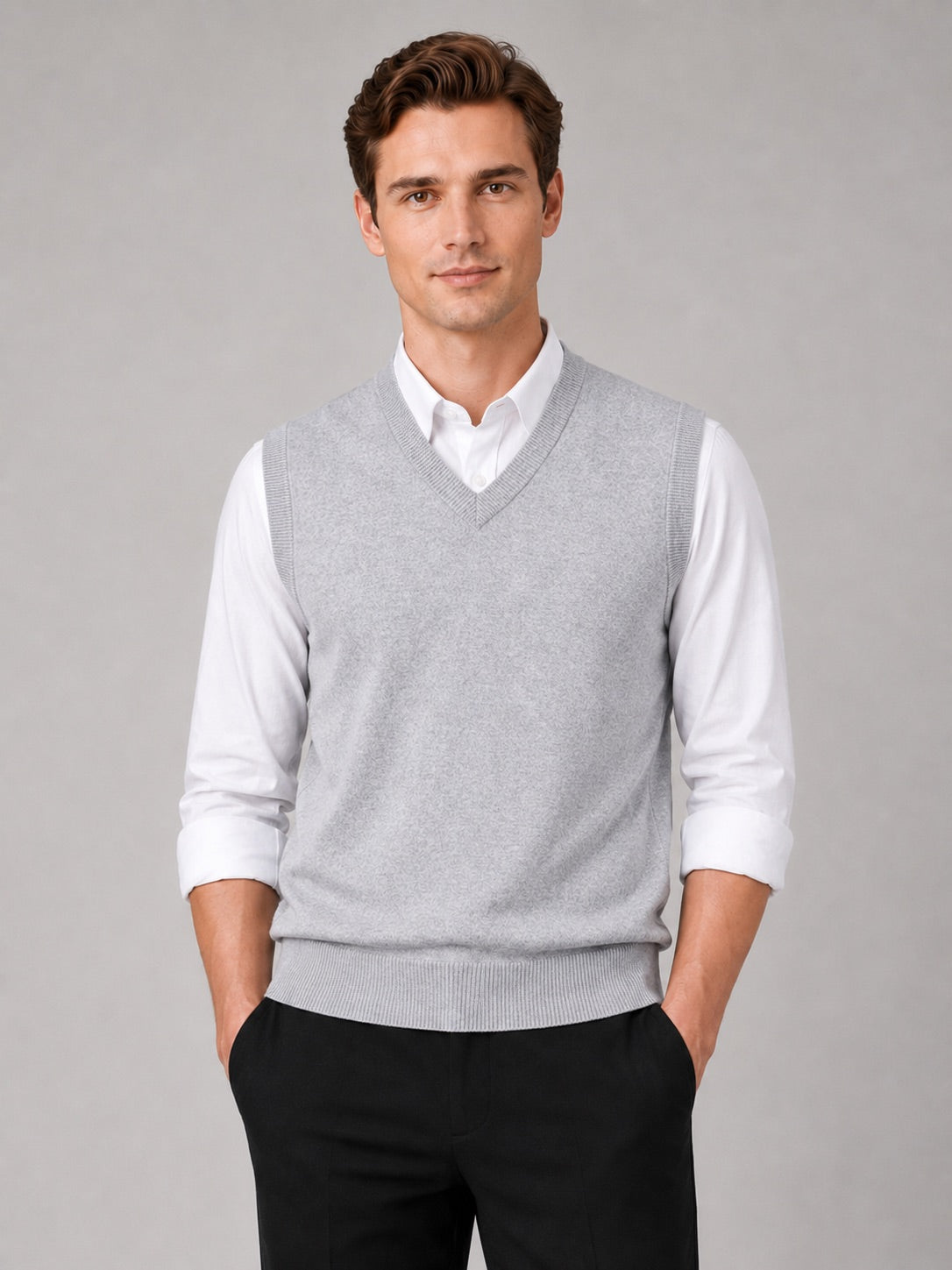 Men’s Sleeveless Jumper V-Neck Solid Colour Knit Autumn Winter Layer for Business Casual and Everyday Wear