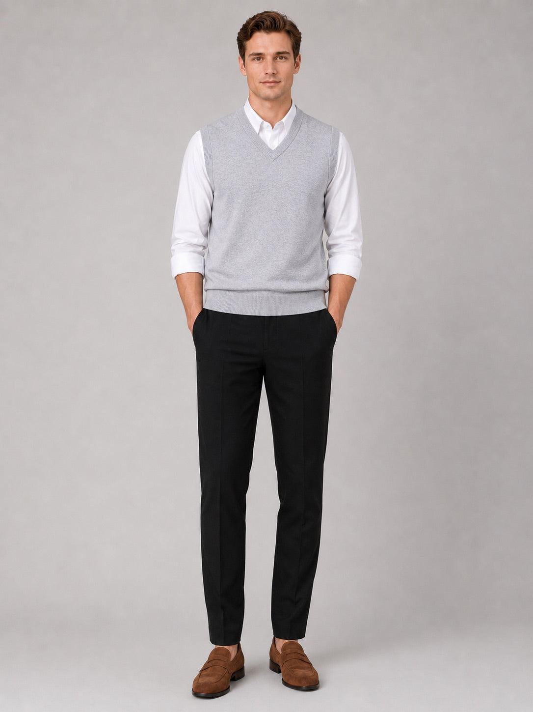 Men’s Sleeveless Jumper V-Neck Solid Colour Knit Autumn Winter Layer for Business Casual and Everyday Wear
