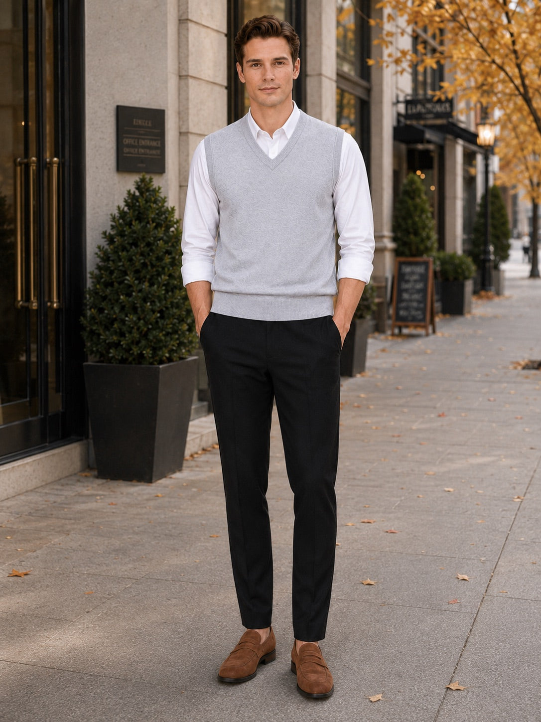 Men’s Sleeveless Jumper V-Neck Solid Colour Knit Autumn Winter Layer for Business Casual and Everyday Wear