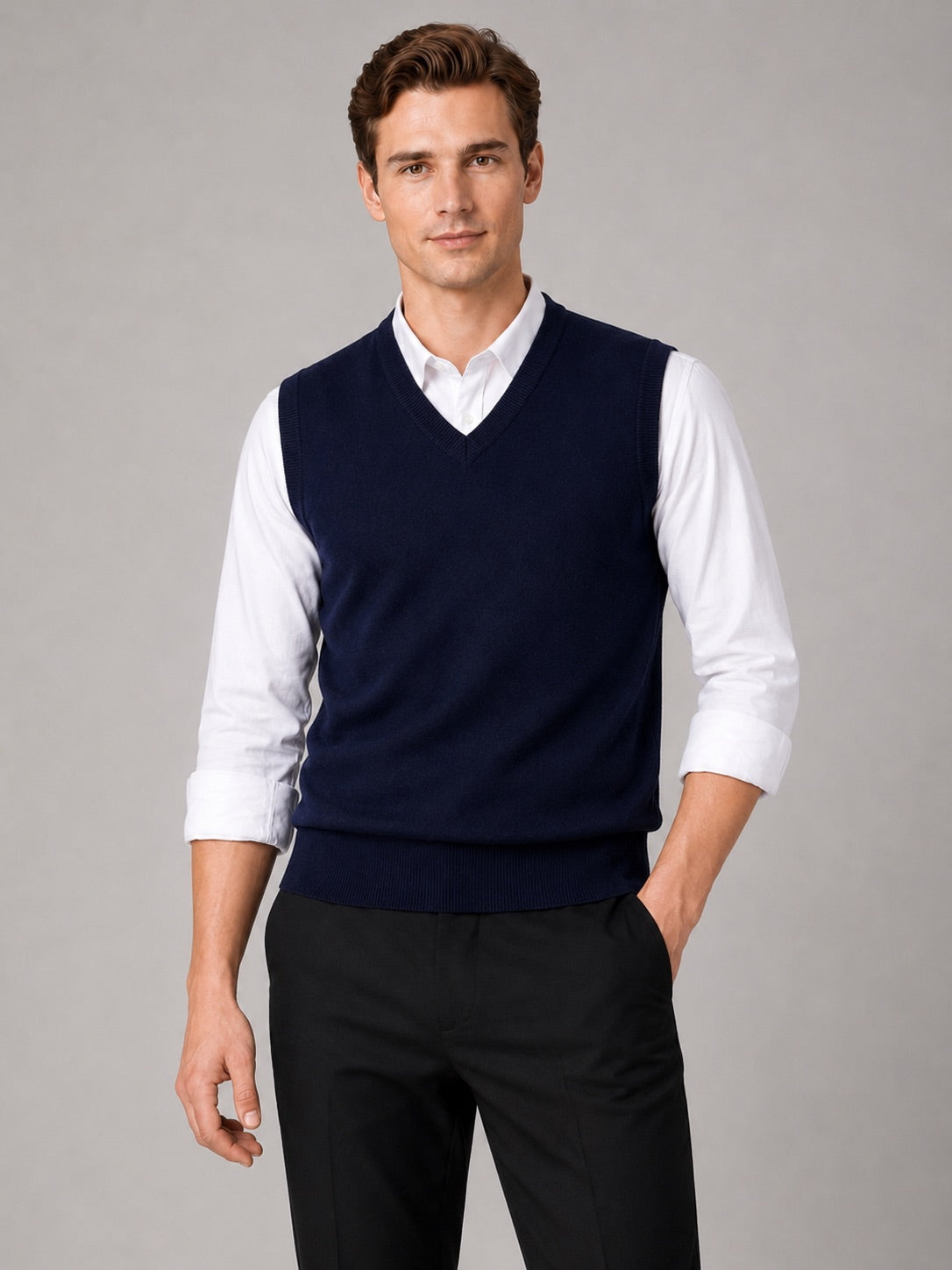 Men’s Sleeveless Jumper V-Neck Solid Colour Knit Autumn Winter Layer for Business Casual and Everyday Wear