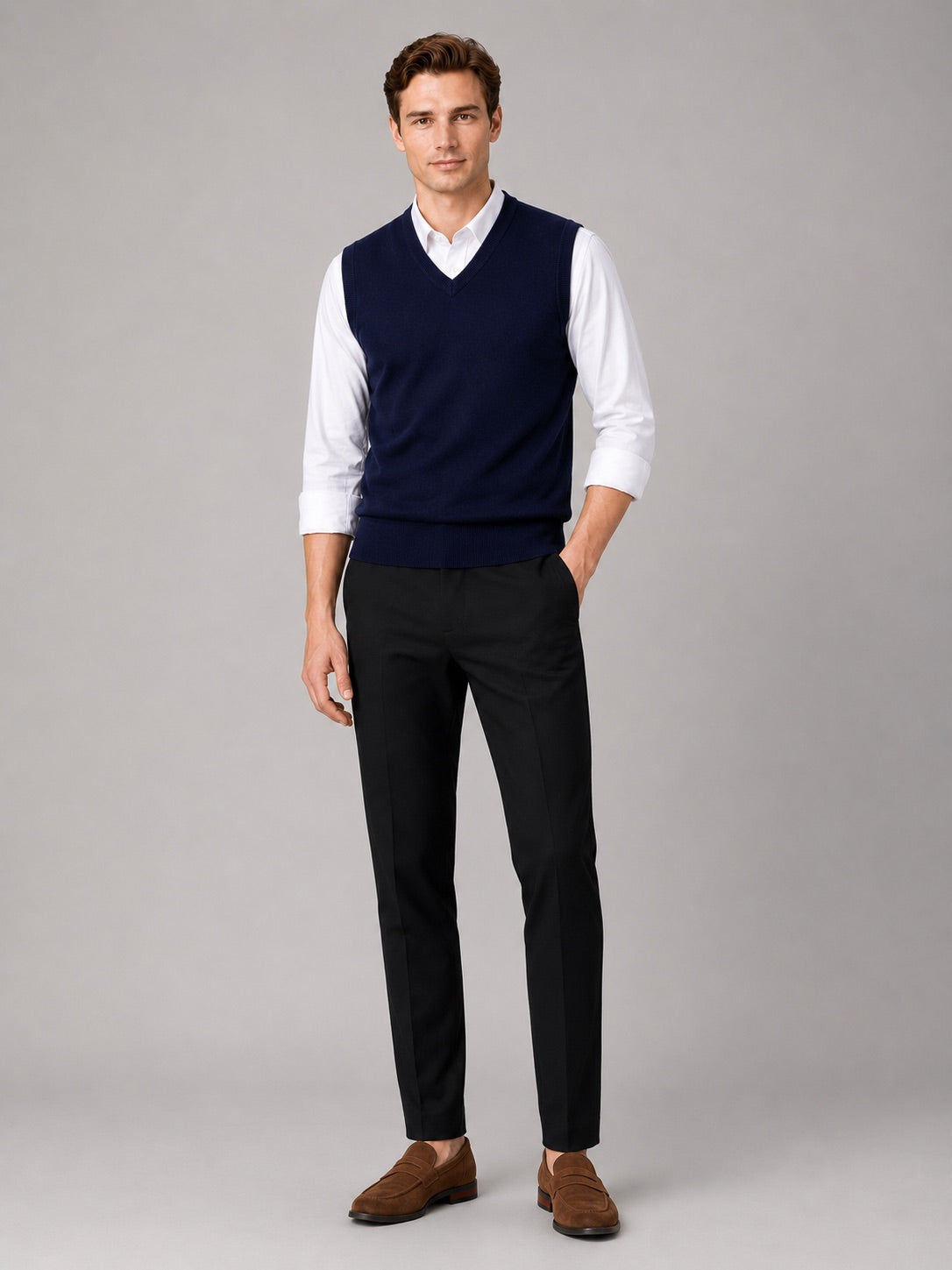 Men’s Sleeveless Jumper V-Neck Solid Colour Knit Autumn Winter Layer for Business Casual and Everyday Wear