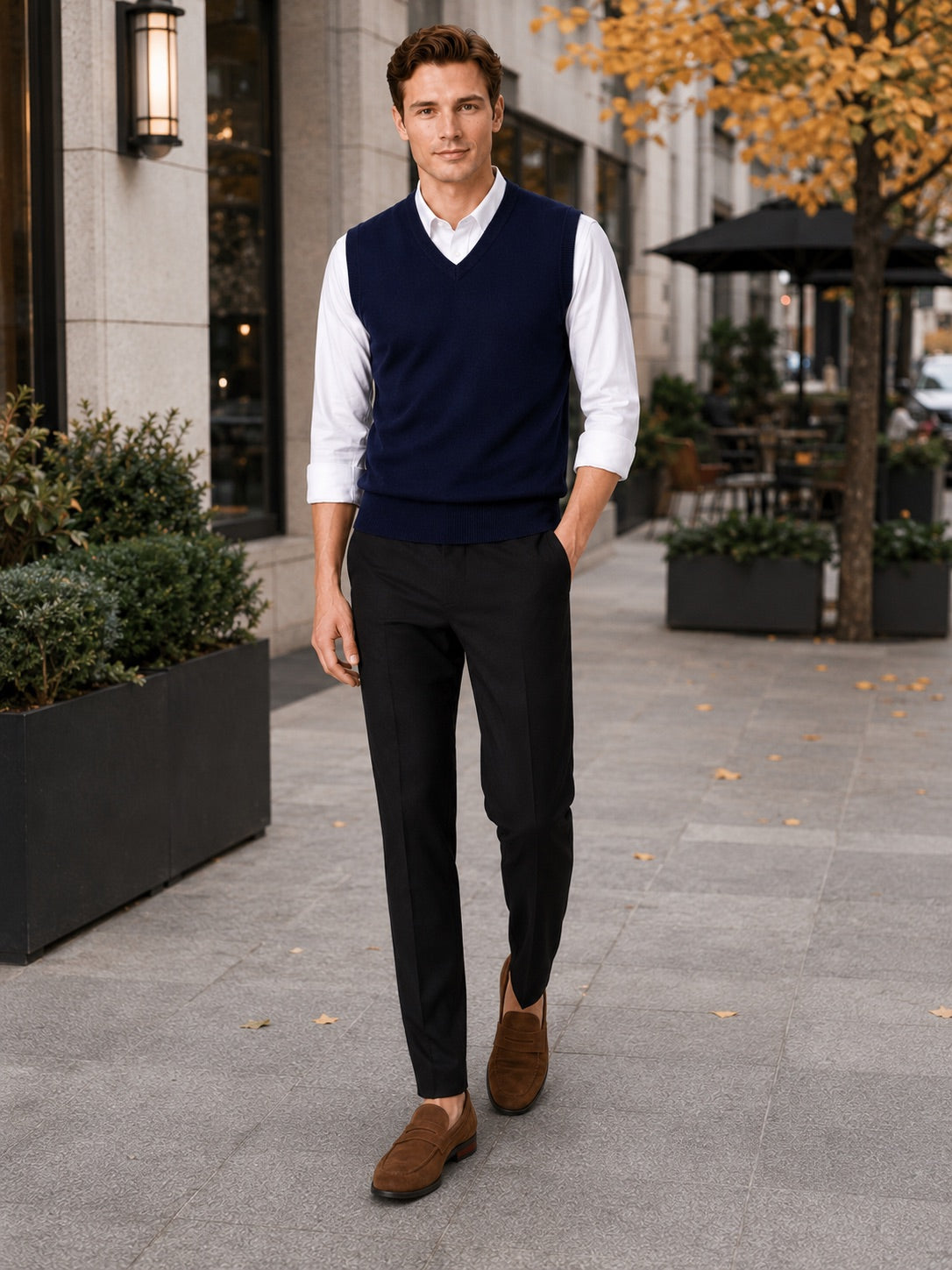 Men’s Sleeveless Jumper V-Neck Solid Colour Knit Autumn Winter Layer for Business Casual and Everyday Wear