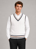 Men’s Sleeveless Jumper V-Neck Striped Thick Knit Autumn Winter Layer for Preppy Casual and Everyday Wear
