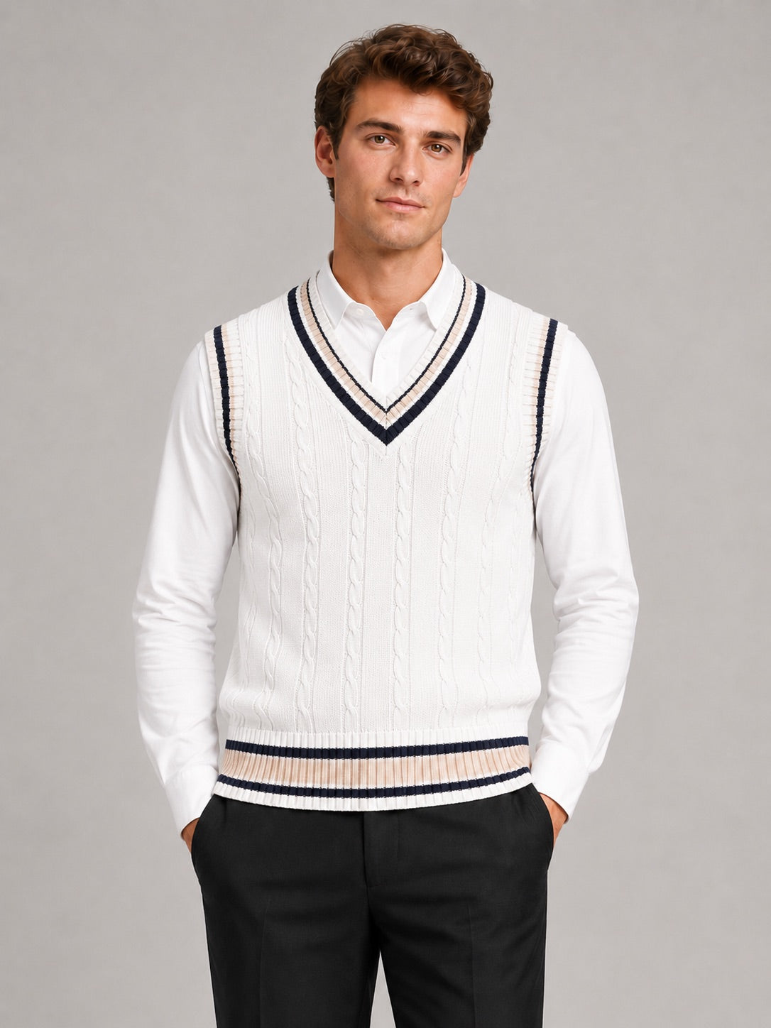 Men’s Sleeveless Jumper V-Neck Striped Thick Knit Autumn Winter Layer for Preppy Casual and Everyday Wear