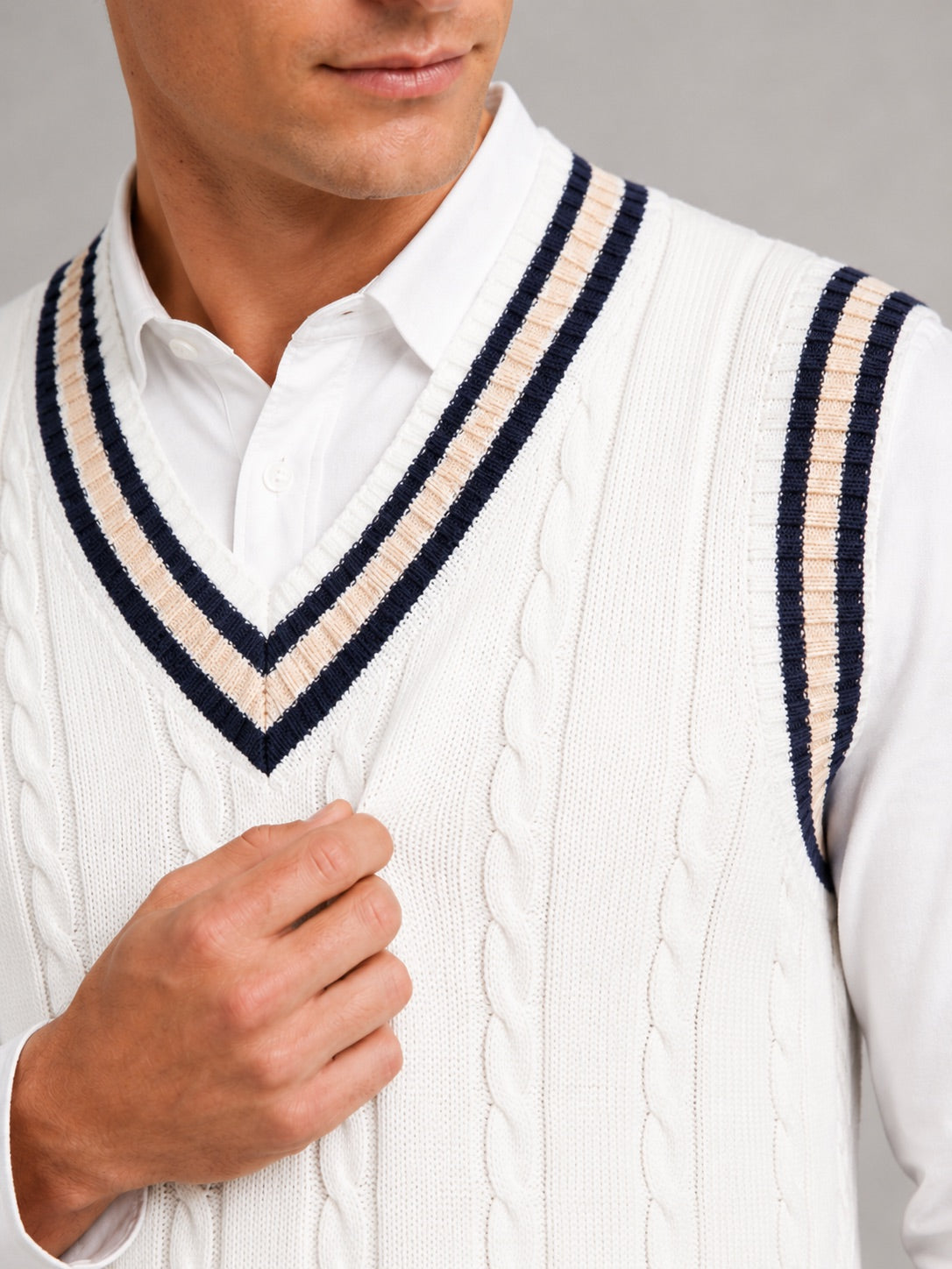 Men’s Sleeveless Jumper V-Neck Striped Thick Knit Autumn Winter Layer for Preppy Casual and Everyday Wear