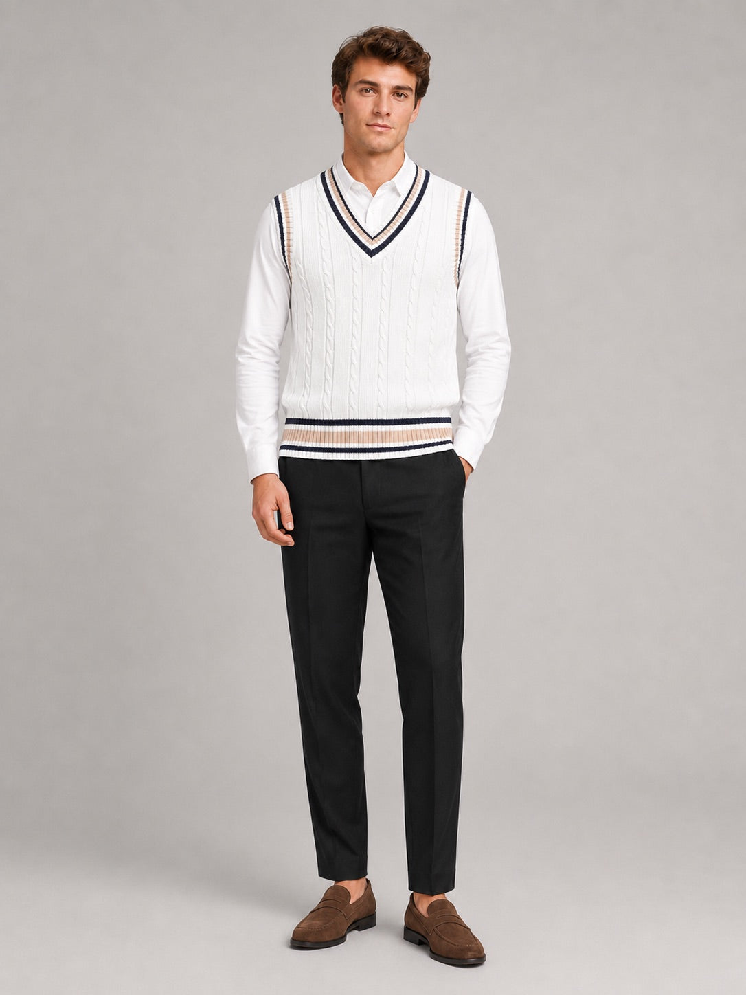 Men’s Sleeveless Jumper V-Neck Striped Thick Knit Autumn Winter Layer for Preppy Casual and Everyday Wear