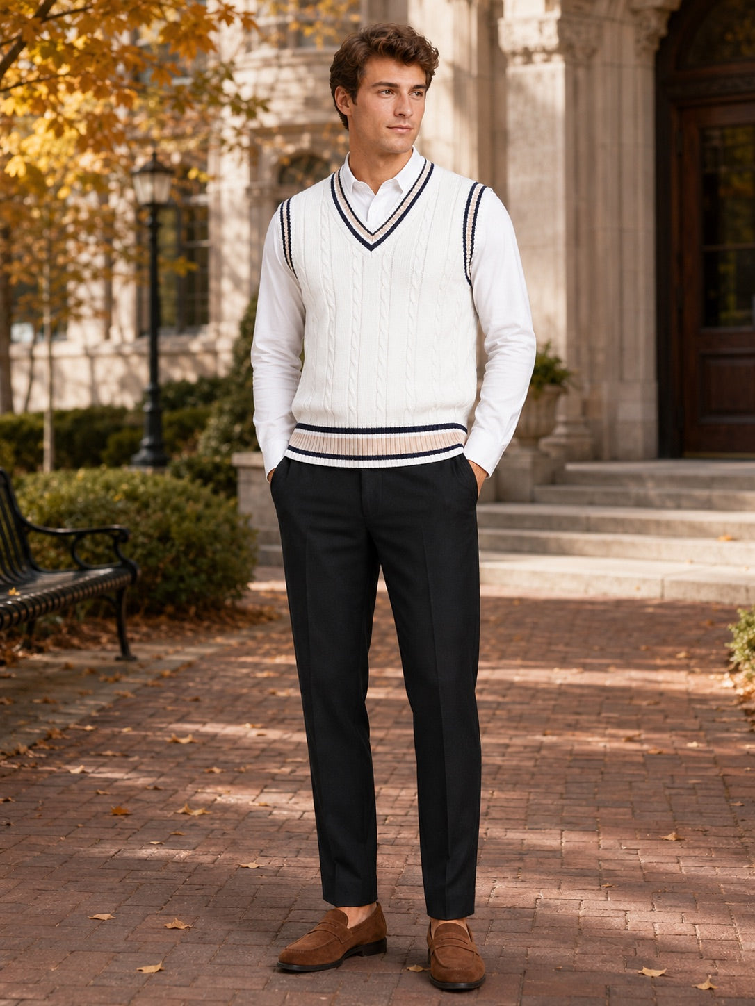 Men’s Sleeveless Jumper V-Neck Striped Thick Knit Autumn Winter Layer for Preppy Casual and Everyday Wear