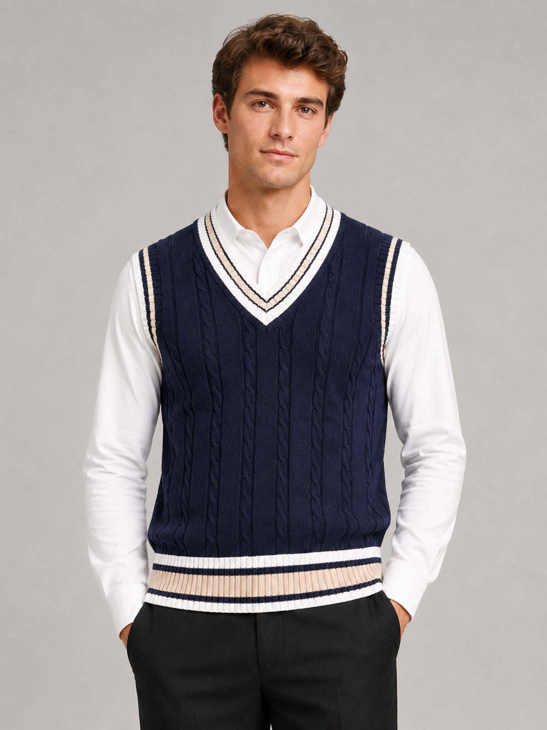 Men’s Sleeveless Jumper V-Neck Striped Thick Knit Autumn Winter Layer for Preppy Casual and Everyday Wear