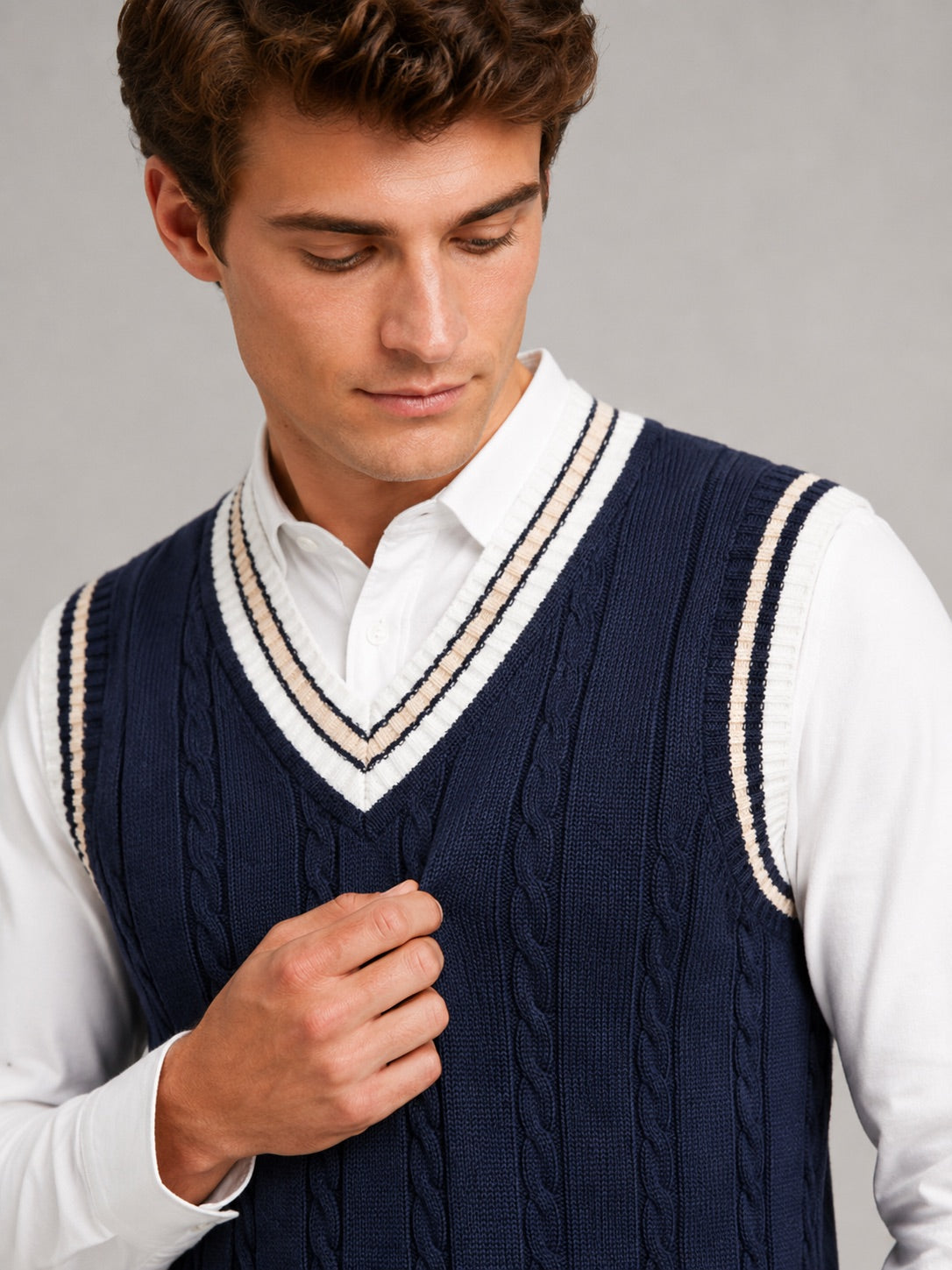 Men’s Sleeveless Jumper V-Neck Striped Thick Knit Autumn Winter Layer for Preppy Casual and Everyday Wear