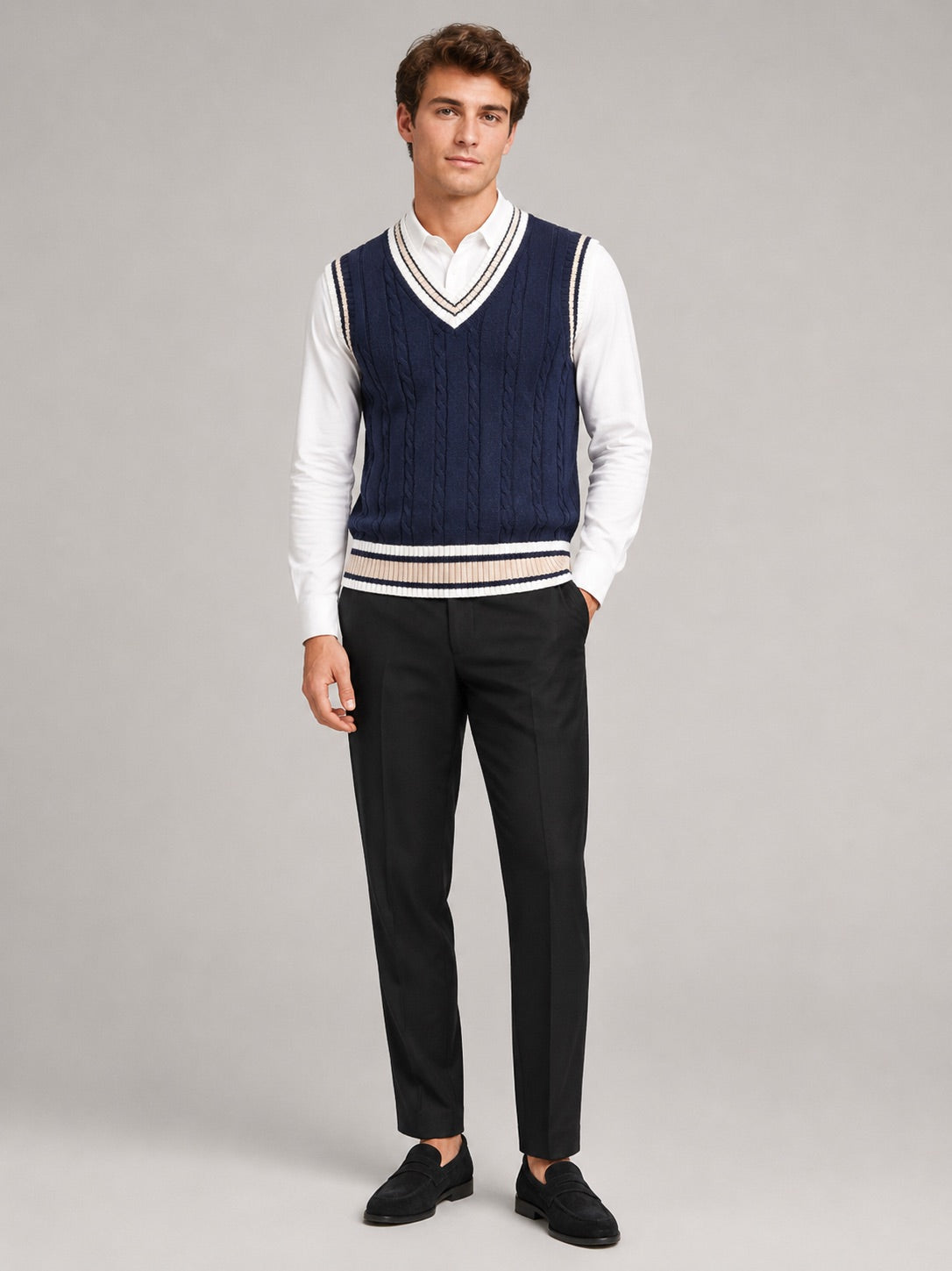 Men’s Sleeveless Jumper V-Neck Striped Thick Knit Autumn Winter Layer for Preppy Casual and Everyday Wear
