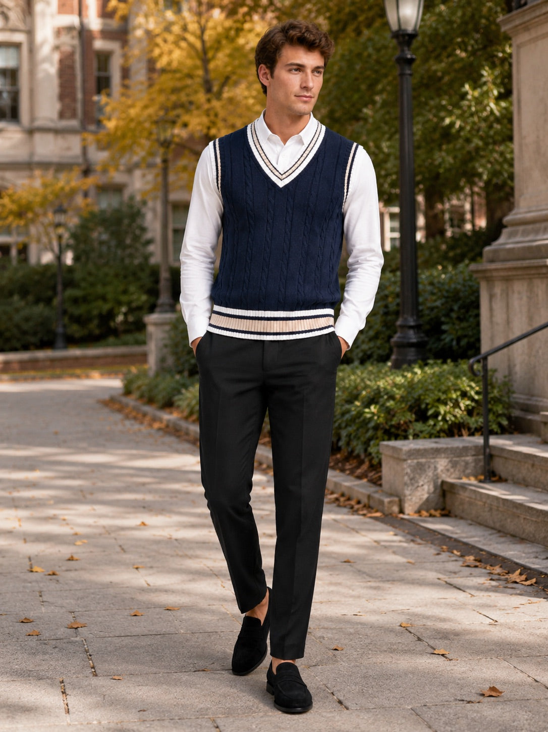 Men’s Sleeveless Jumper V-Neck Striped Thick Knit Autumn Winter Layer for Preppy Casual and Everyday Wear
