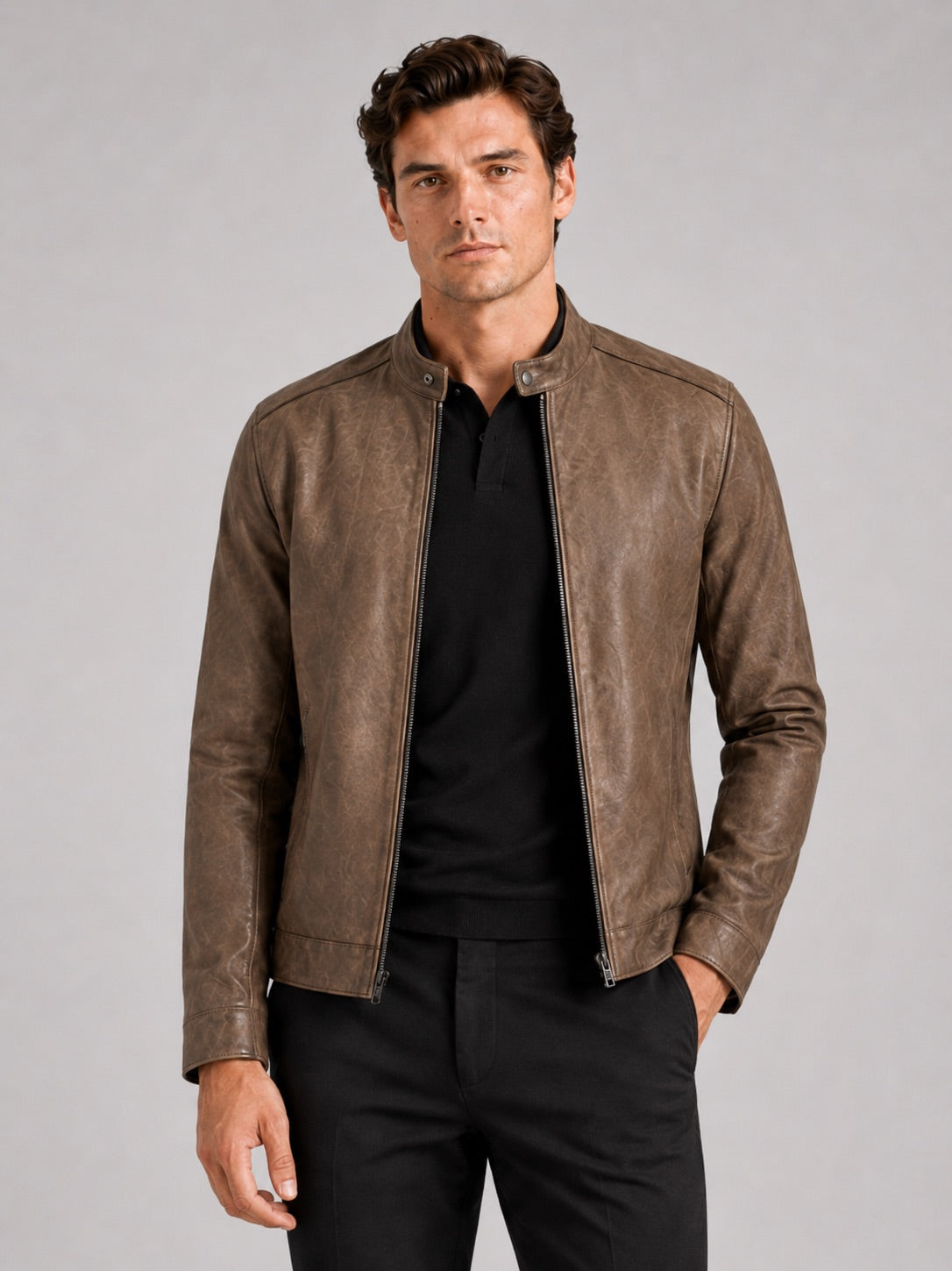 Men’s Leather Moto Autumn Jacket Slim Fit Stand Collar Zip-Up Autumn Casual Outerwear for Everyday and Motorcycle Wear