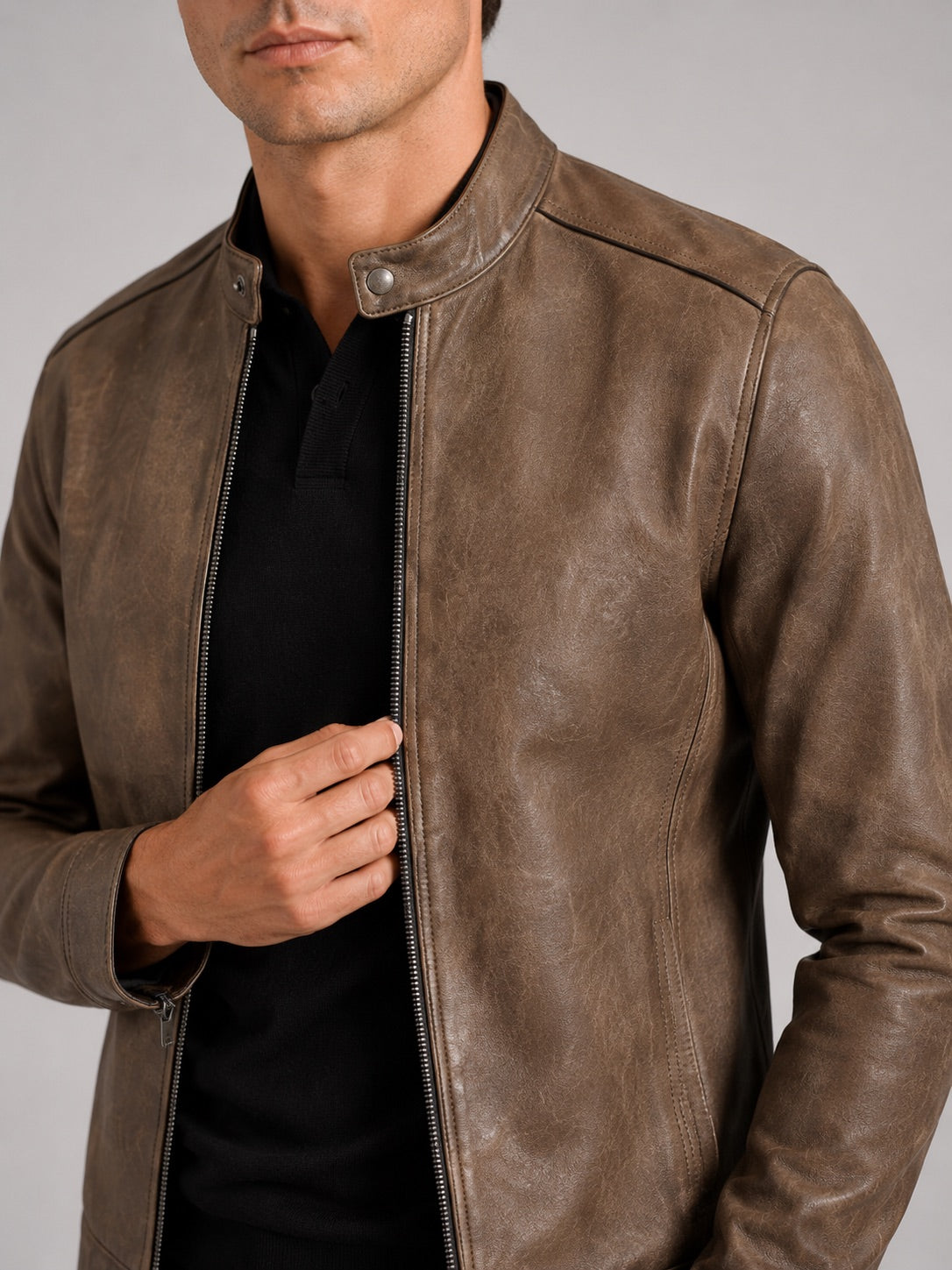 Men’s Leather Moto Autumn Jacket Slim Fit Stand Collar Zip-Up Autumn Casual Outerwear for Everyday and Motorcycle Wear