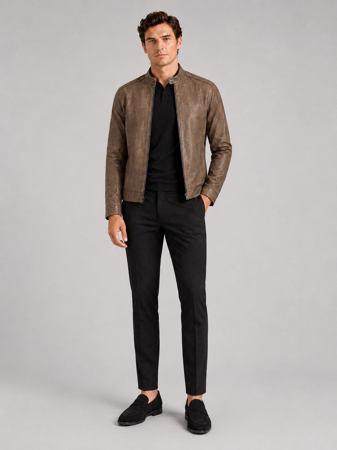 Men’s Leather Moto Autumn Jacket Slim Fit Stand Collar Zip-Up Autumn Casual Outerwear for Everyday and Motorcycle Wear
