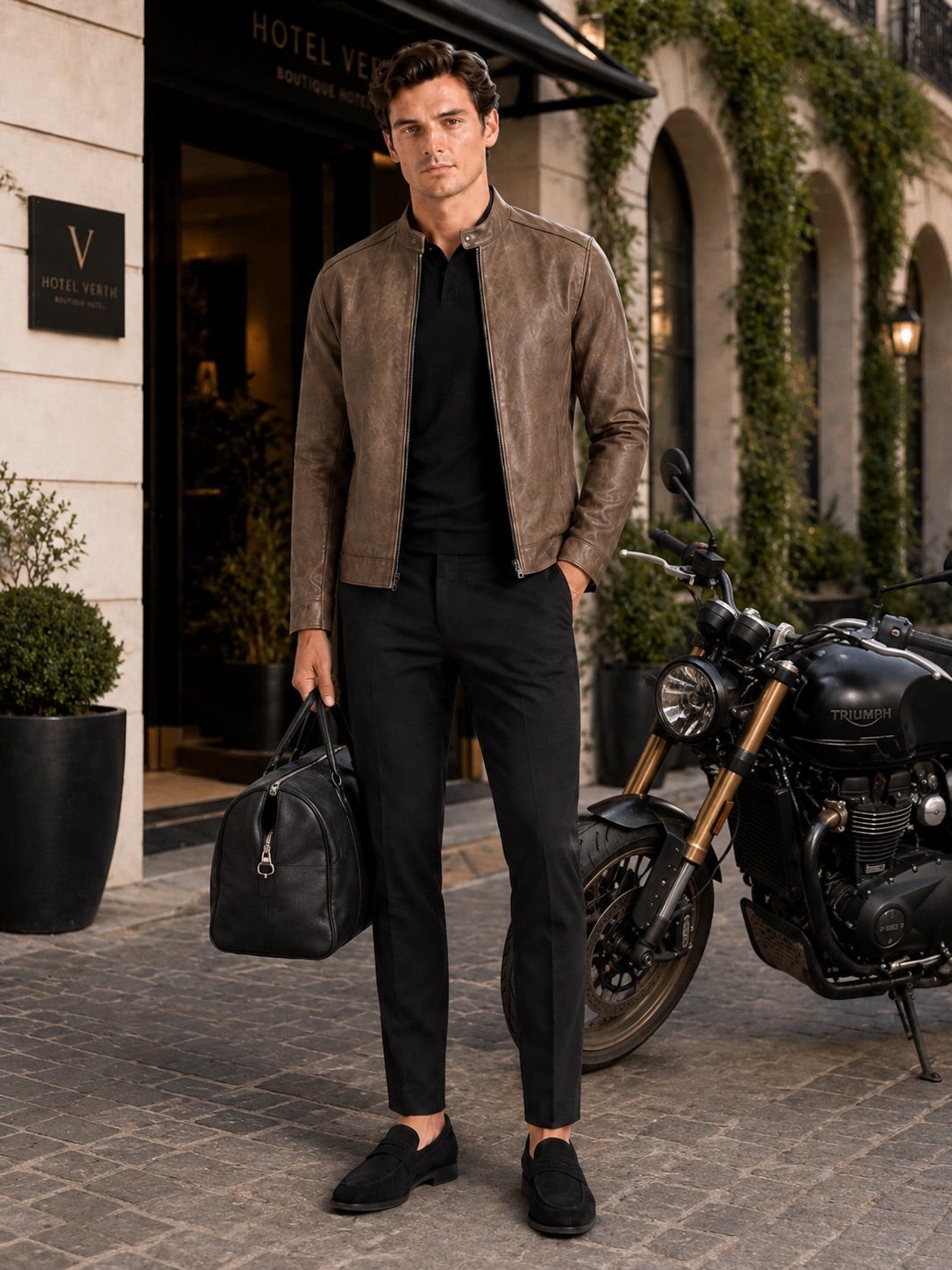 Men’s Leather Moto Autumn Jacket Slim Fit Stand Collar Zip-Up Autumn Casual Outerwear for Everyday and Motorcycle Wear