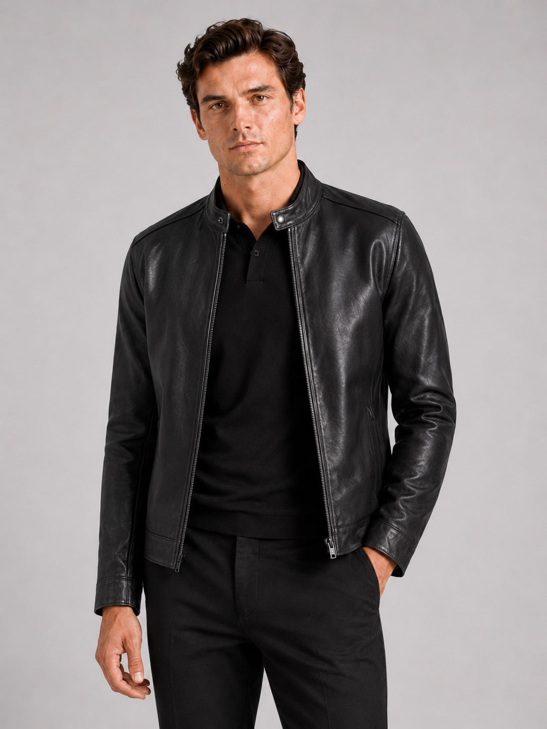 Men’s Leather Moto Autumn Jacket Slim Fit Stand Collar Zip-Up Autumn Casual Outerwear for Everyday and Motorcycle Wear