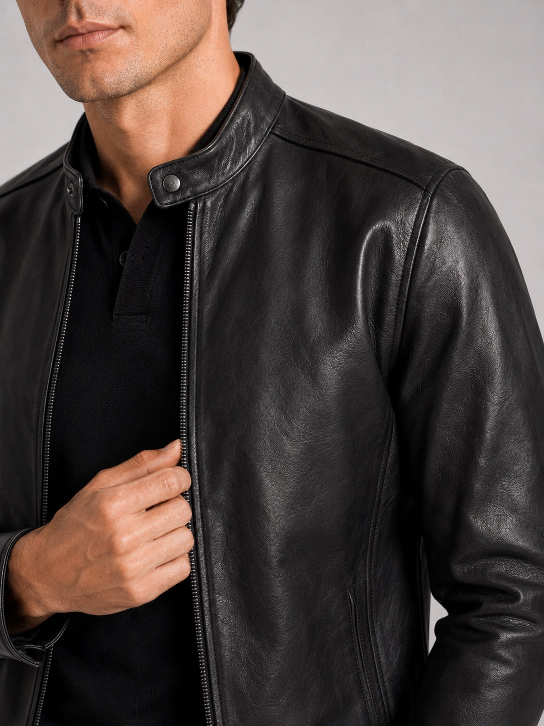 Men’s Leather Moto Autumn Jacket Slim Fit Stand Collar Zip-Up Autumn Casual Outerwear for Everyday and Motorcycle Wear