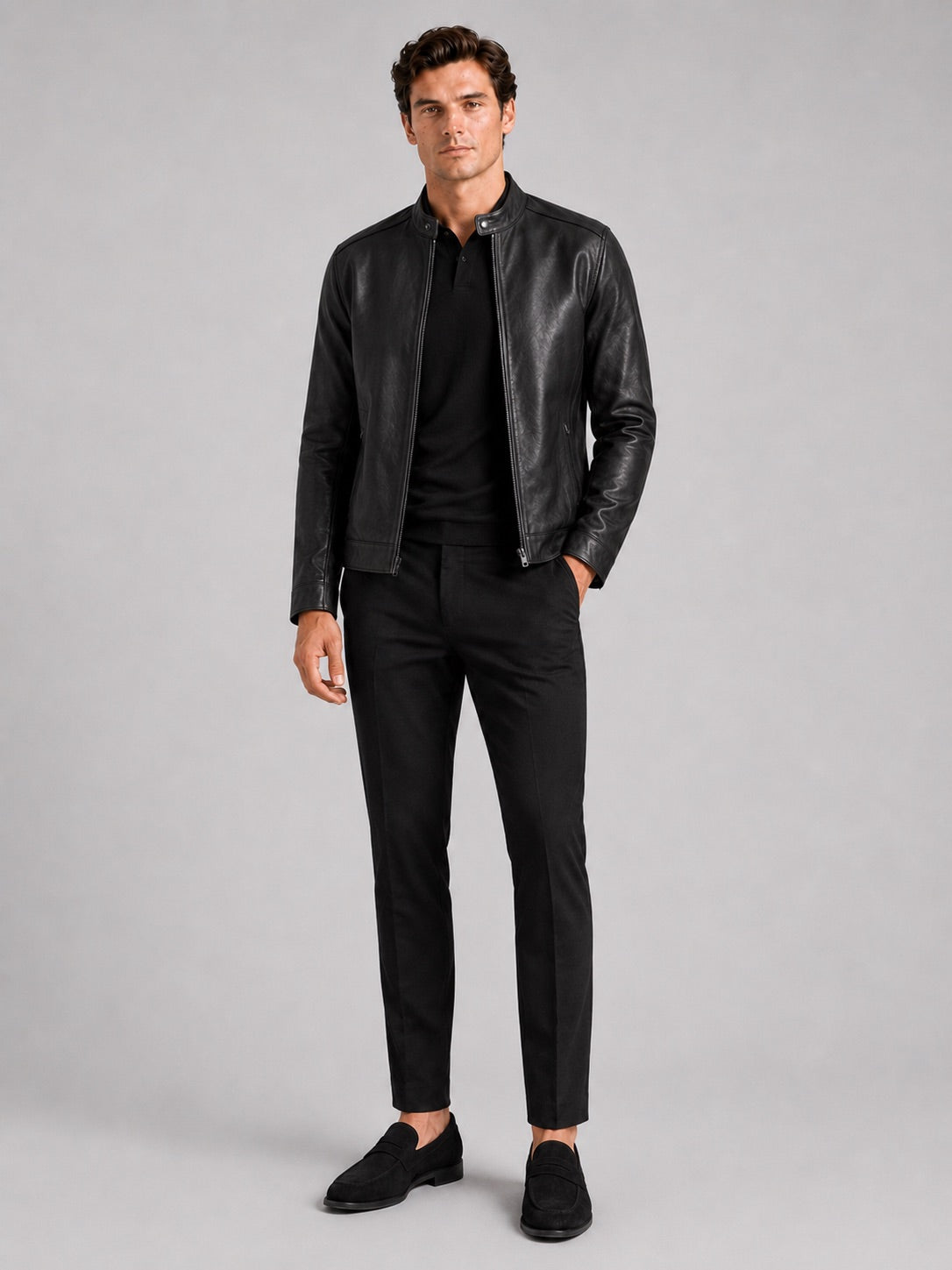 Men’s Leather Moto Autumn Jacket Slim Fit Stand Collar Zip-Up Autumn Casual Outerwear for Everyday and Motorcycle Wear