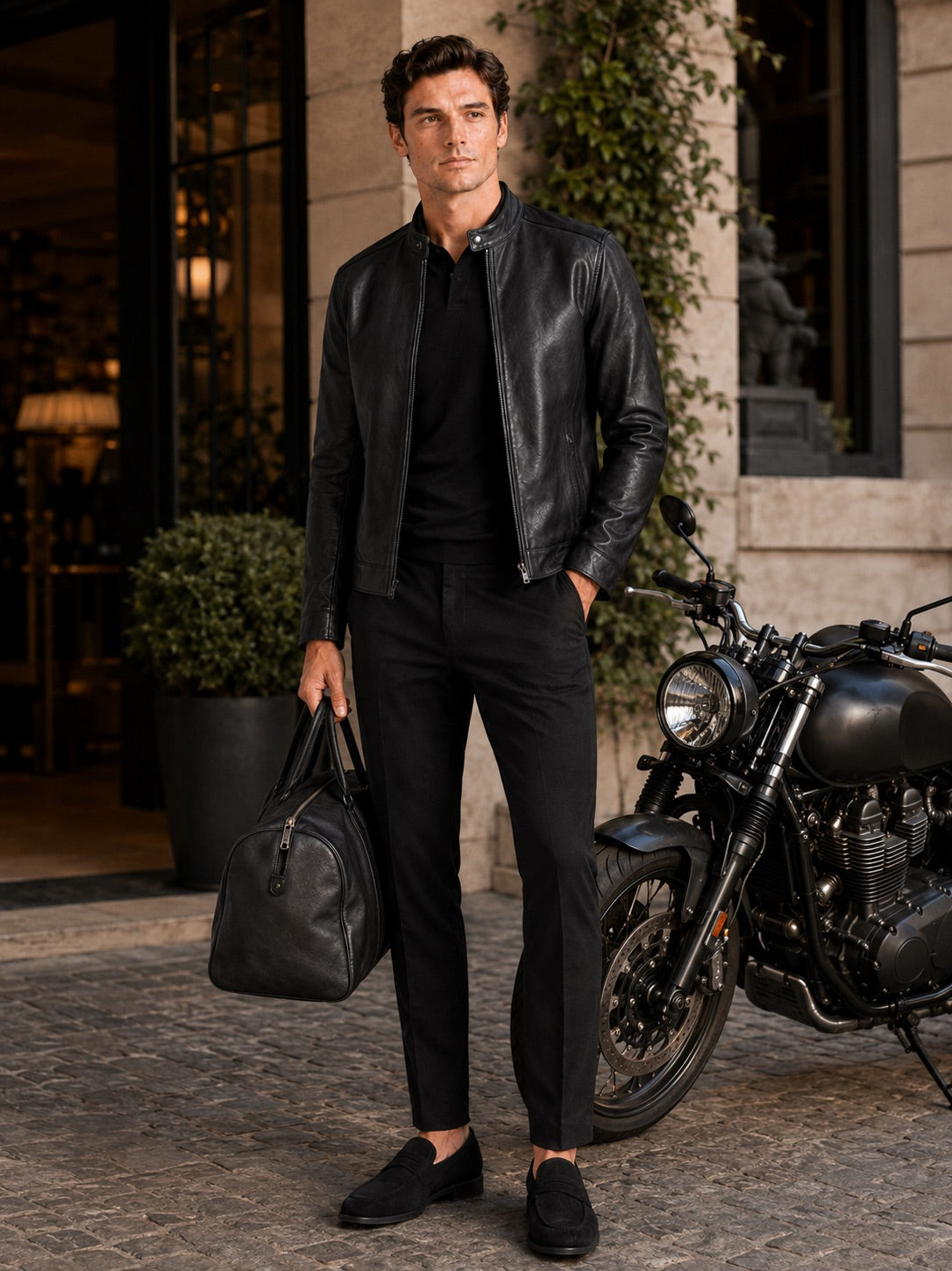 Men’s Leather Moto Autumn Jacket Slim Fit Stand Collar Zip-Up Autumn Casual Outerwear for Everyday and Motorcycle Wear