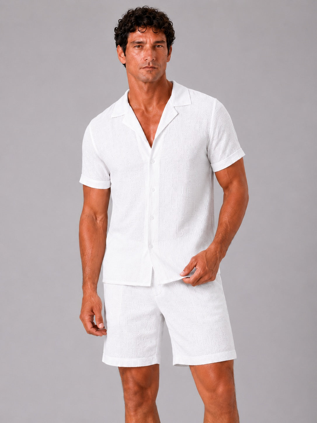 Men’s Jacquard Cotton Two-Piece Set Lightweight Breathable Summer Outfit for Vacation and Casual Wear