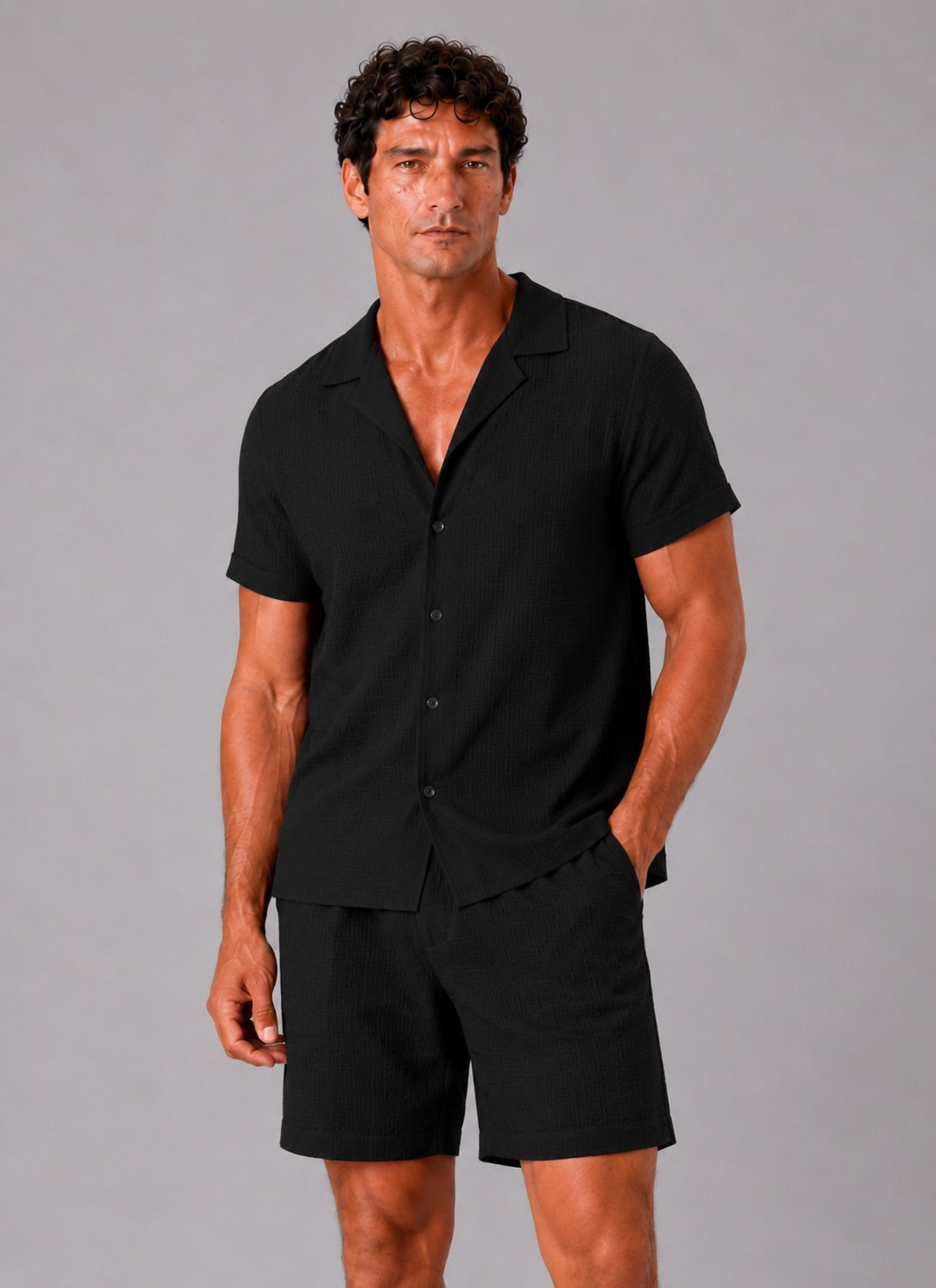 Men’s Jacquard Cotton Two-Piece Set Lightweight Breathable Summer Outfit for Vacation and Casual Wear