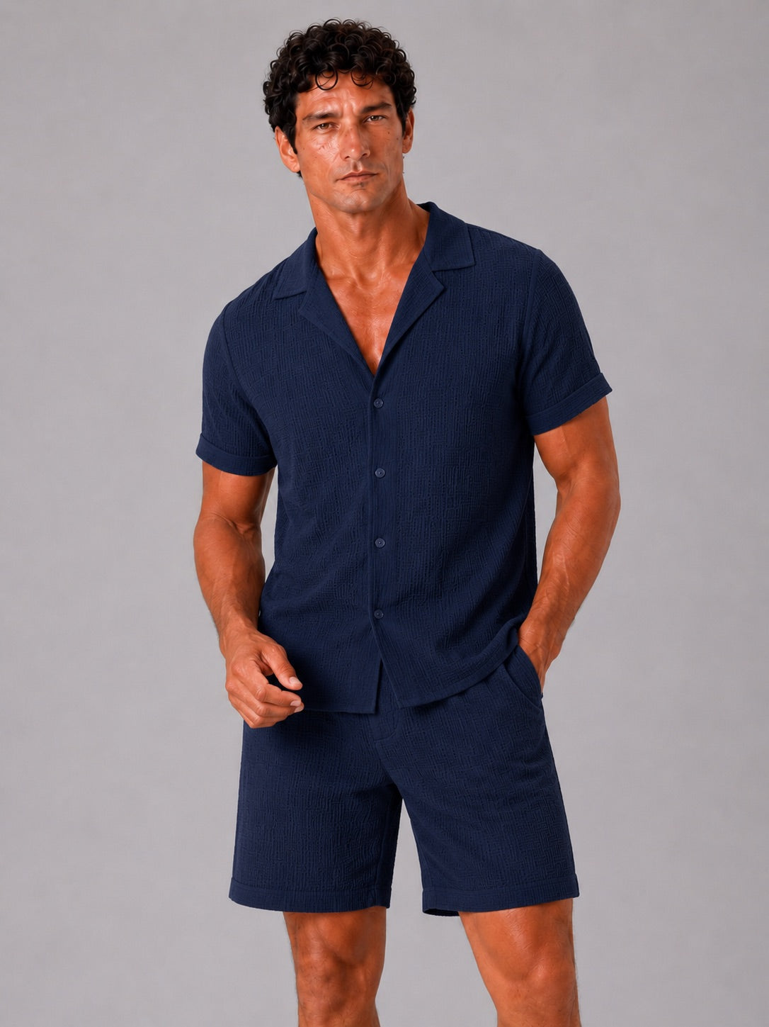 Men’s Jacquard Cotton Two-Piece Set Lightweight Breathable Summer Outfit for Vacation and Casual Wear