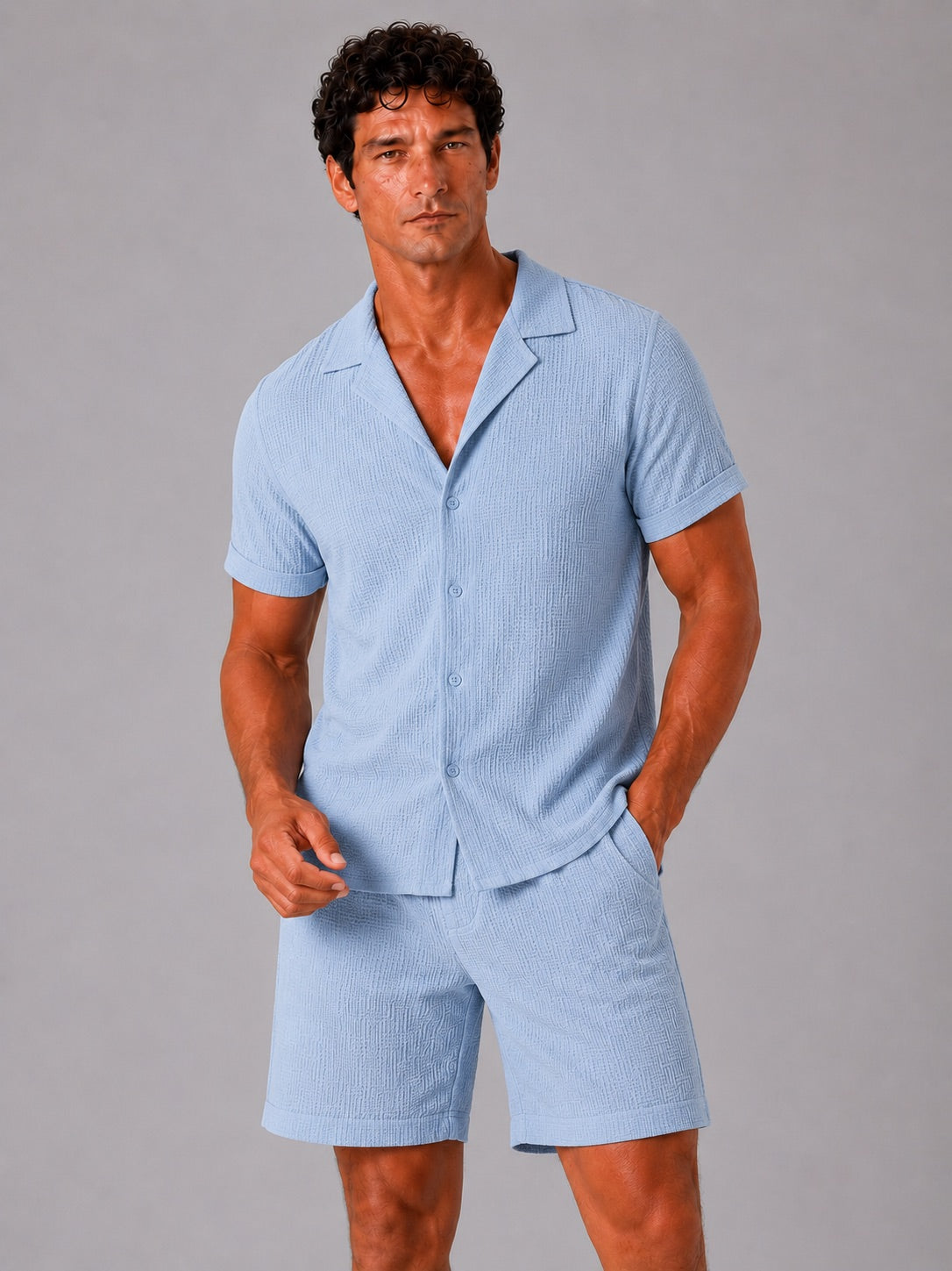 Men’s Jacquard Cotton Two-Piece Set Lightweight Breathable Summer Outfit for Vacation and Casual Wear