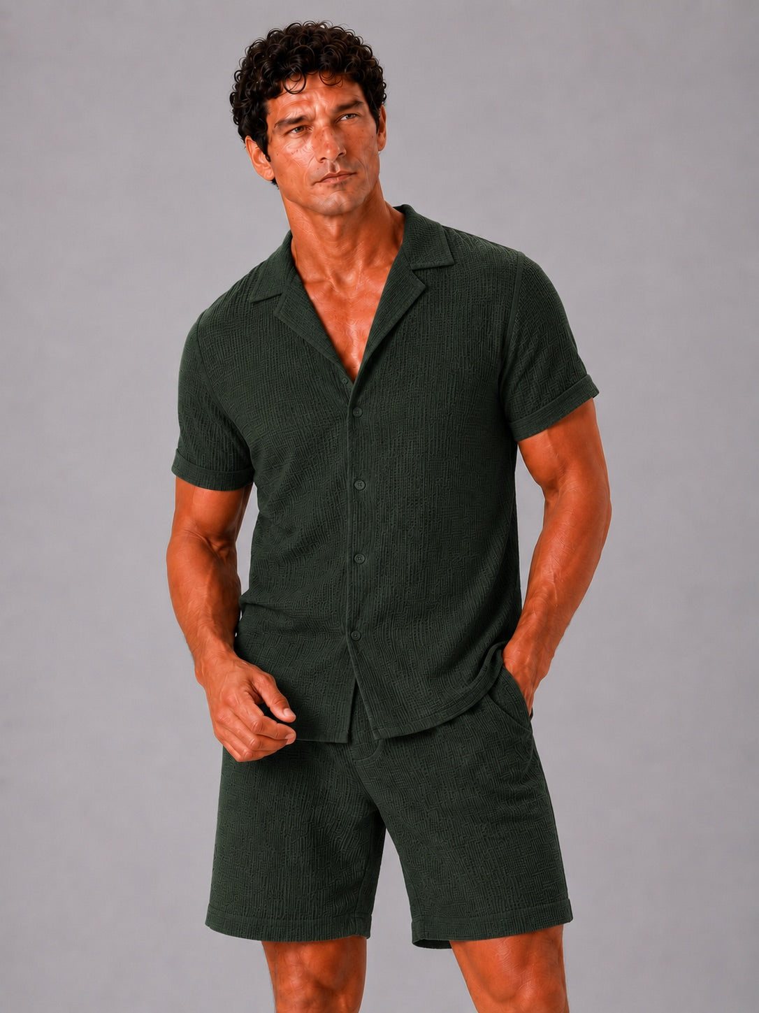 Men’s Jacquard Cotton Two-Piece Set Lightweight Breathable Summer Outfit for Vacation and Casual Wear