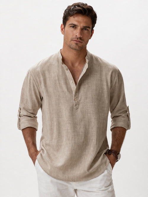 Men's Band Collar Shirt Lightweight Breathable Button-Up Summer Shirt for Vacation and Coastal Style
