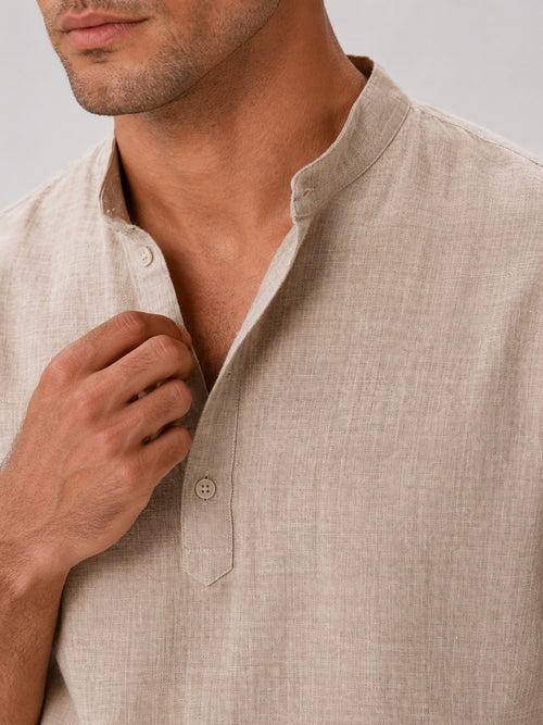 Men's Band Collar Shirt Lightweight Breathable Button-Up Summer Shirt for Vacation and Coastal Style