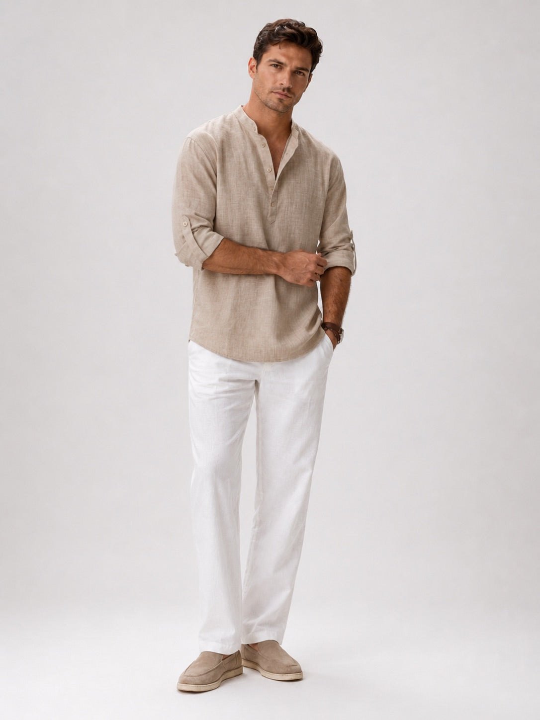 Men's Band Collar Shirt Lightweight Breathable Button-Up Summer Shirt for Vacation and Coastal Style