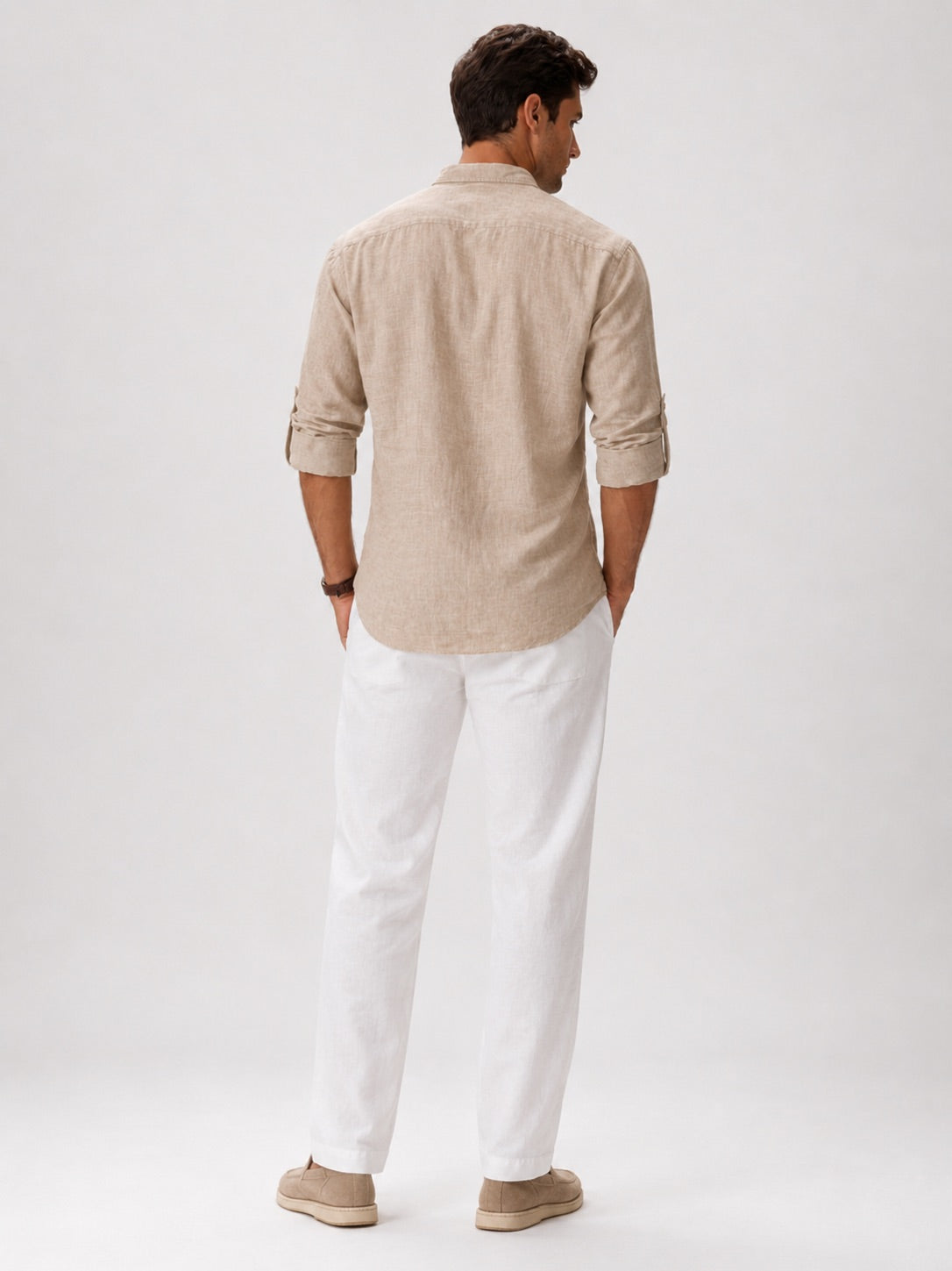 Men's Band Collar Shirt Lightweight Breathable Button-Up Summer Shirt for Vacation and Coastal Style