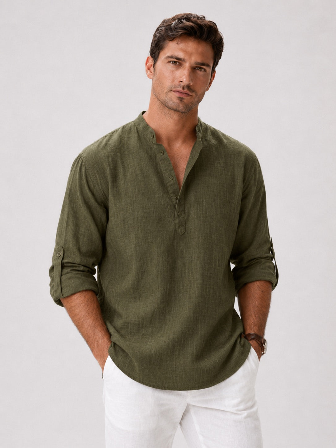 Men's Band Collar Shirt Lightweight Breathable Button-Up Summer Shirt for Vacation and Coastal Style