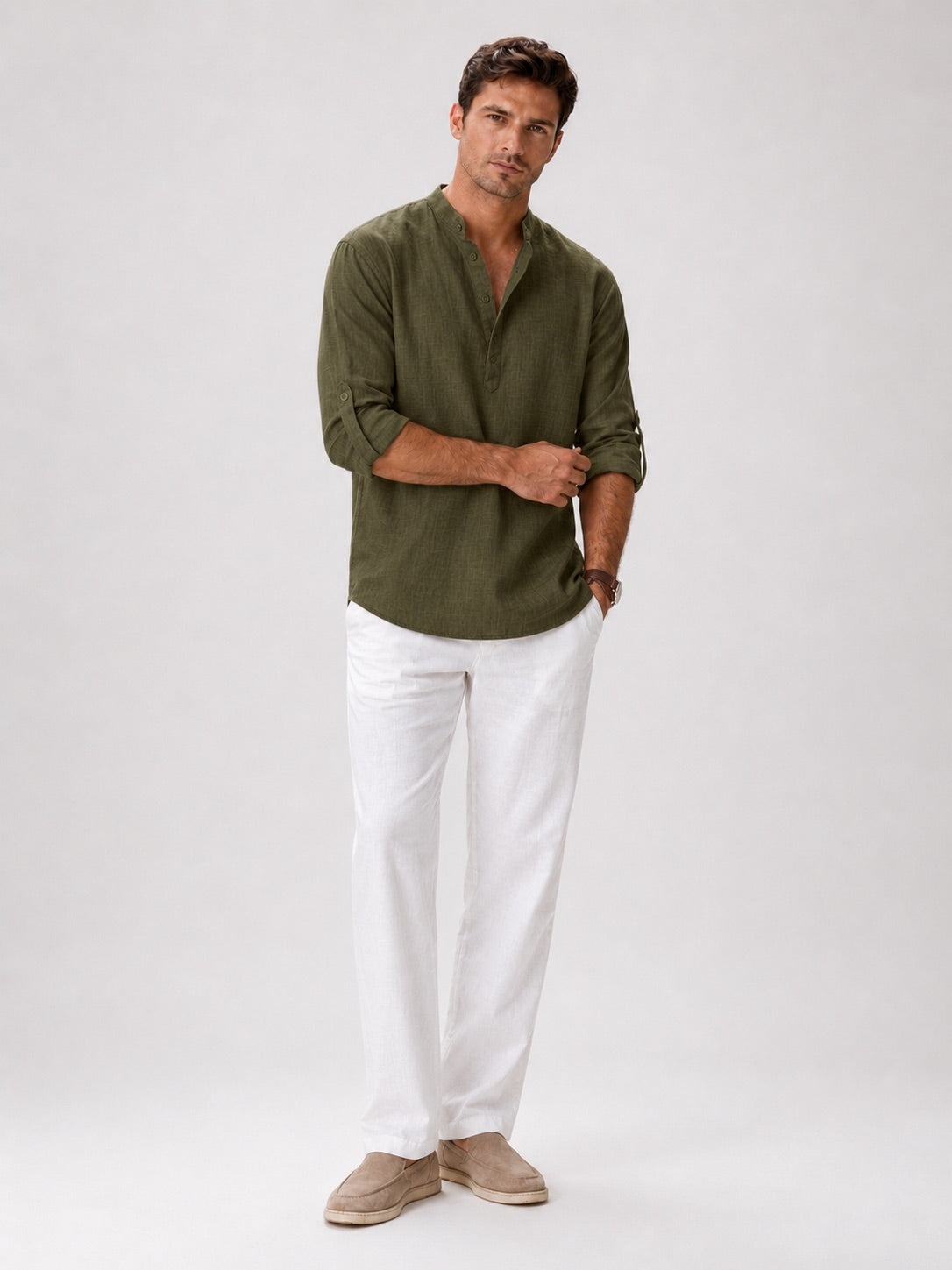 Men's Band Collar Shirt Lightweight Breathable Button-Up Summer Shirt for Vacation and Coastal Style