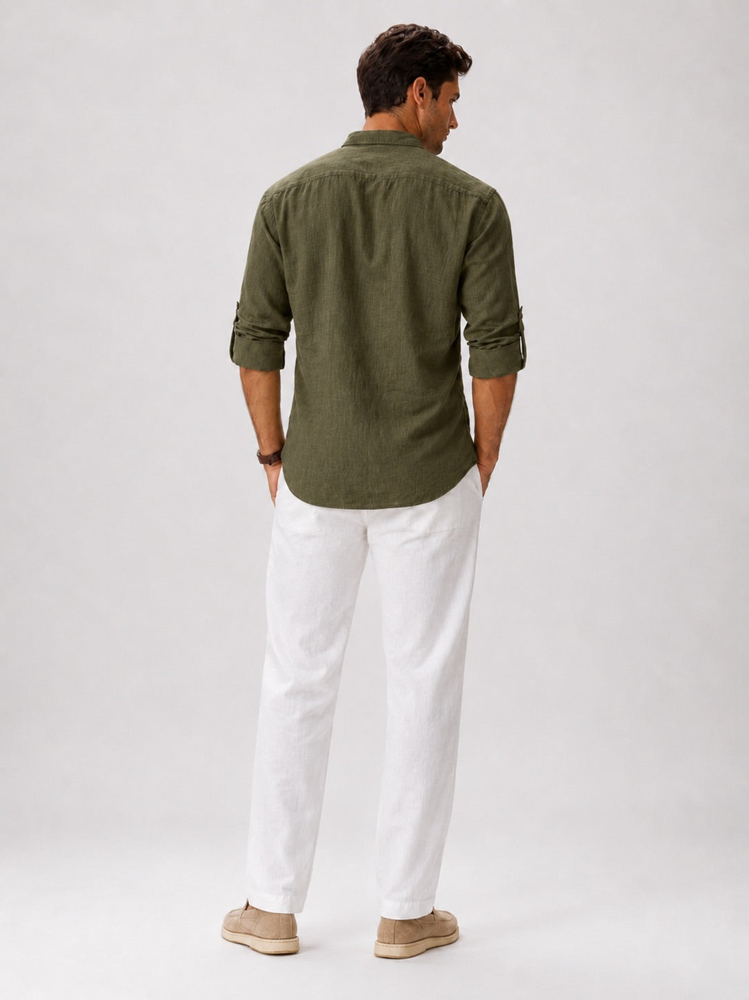 Men's Band Collar Shirt Lightweight Breathable Button-Up Summer Shirt for Vacation and Coastal Style