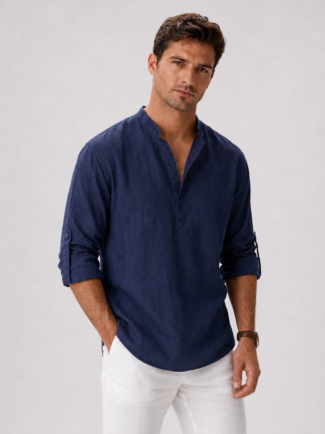 Men's Band Collar Shirt Lightweight Breathable Button-Up Summer Shirt for Vacation and Coastal Style