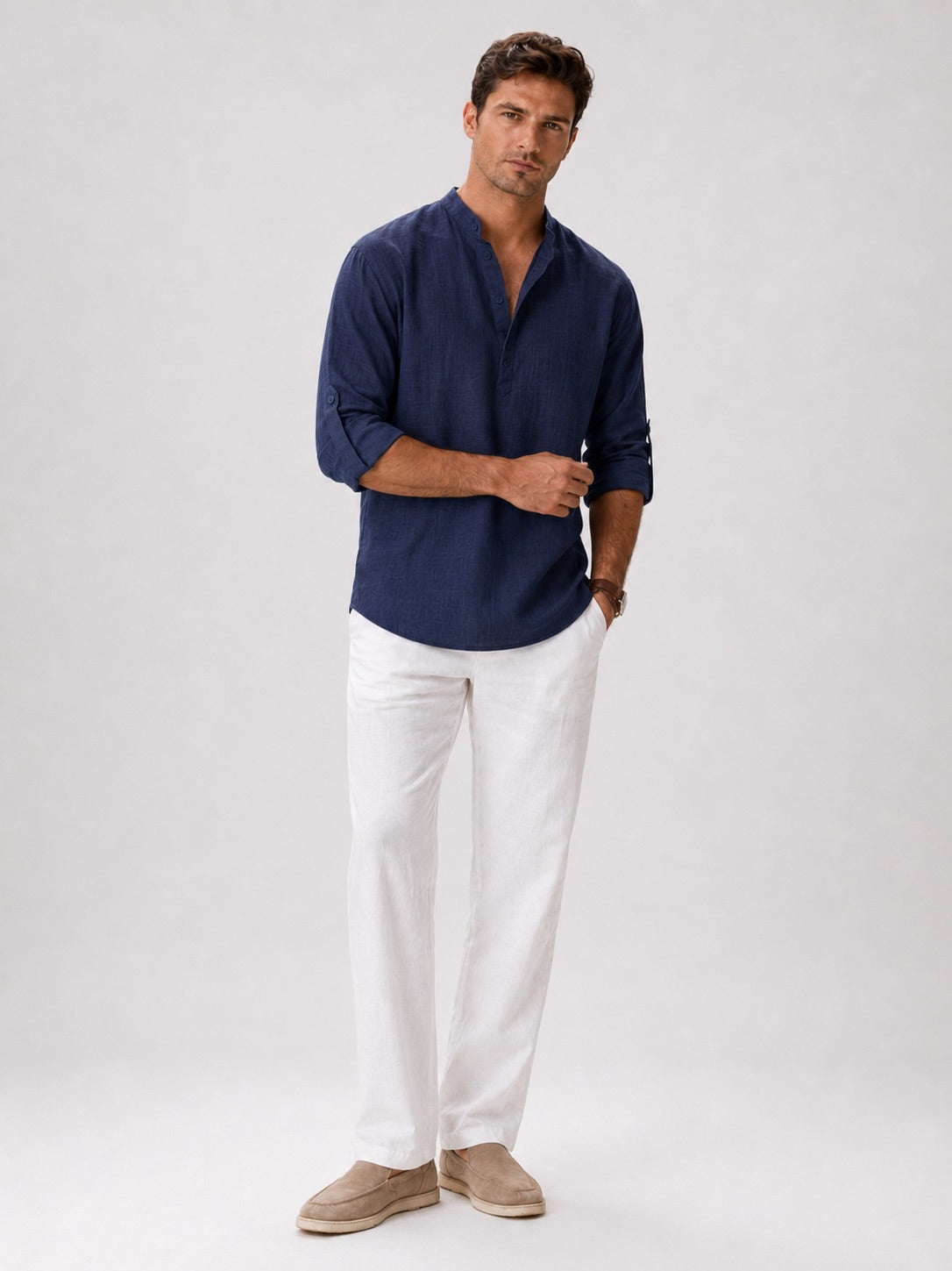 Men's Band Collar Shirt Lightweight Breathable Button-Up Summer Shirt for Vacation and Coastal Style