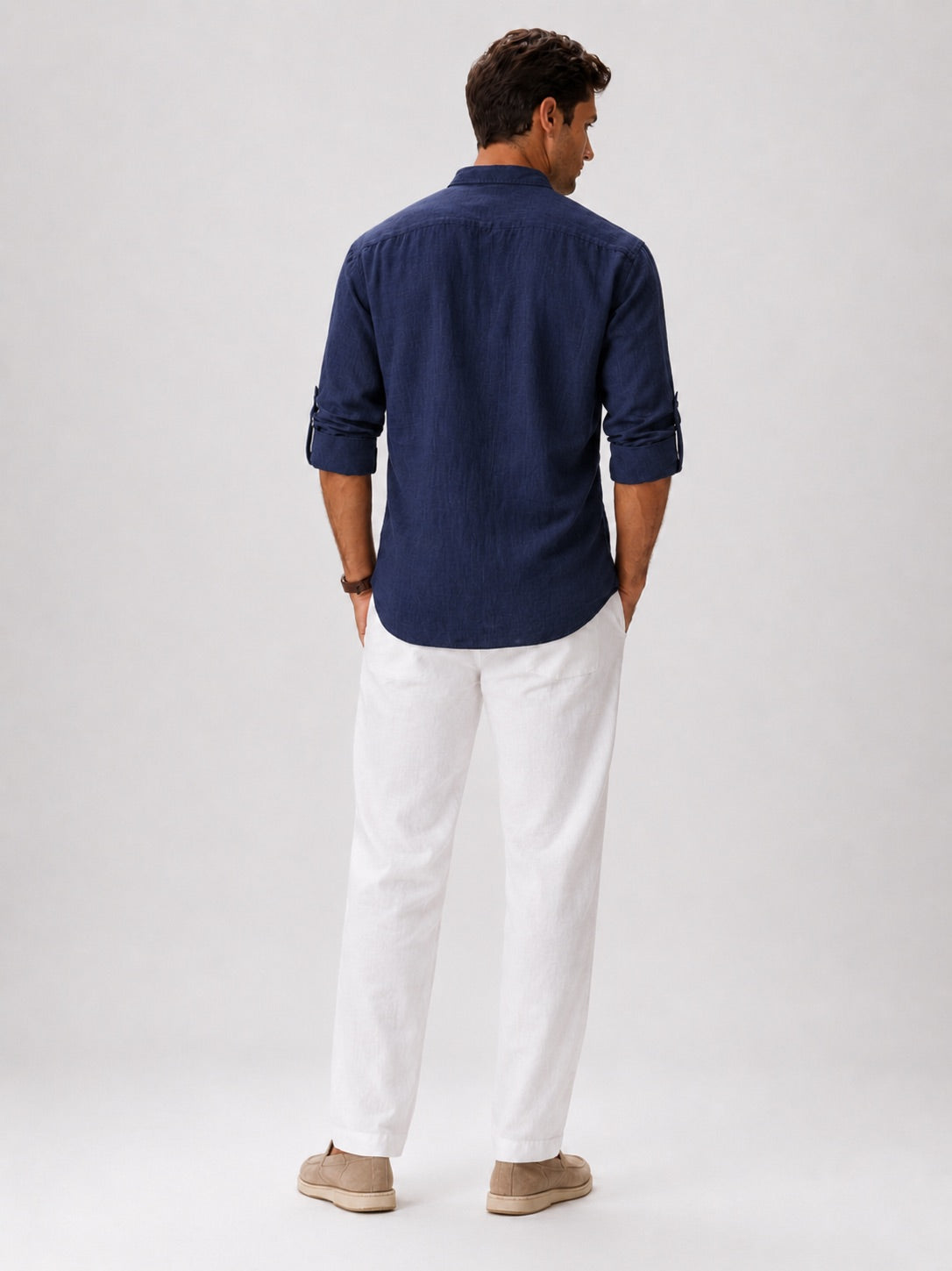 Men's Band Collar Shirt Lightweight Breathable Button-Up Summer Shirt for Vacation and Coastal Style