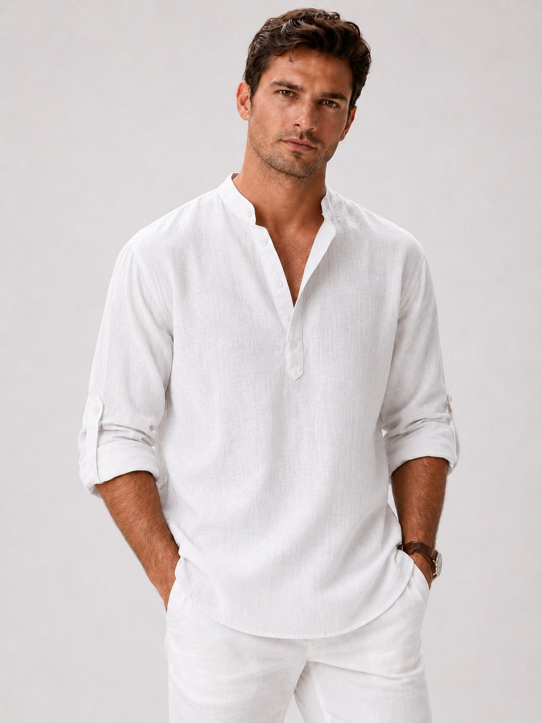 Men's Band Collar Shirt Lightweight Breathable Button-Up Summer Shirt for Vacation and Coastal Style