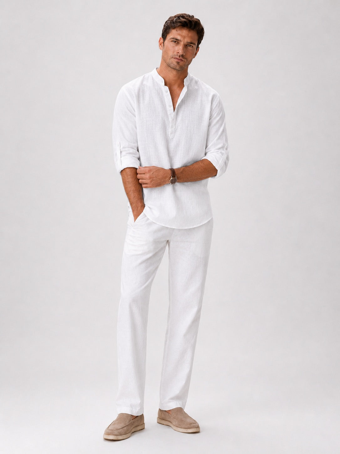 Men's Band Collar Shirt Lightweight Breathable Button-Up Summer Shirt for Vacation and Coastal Style