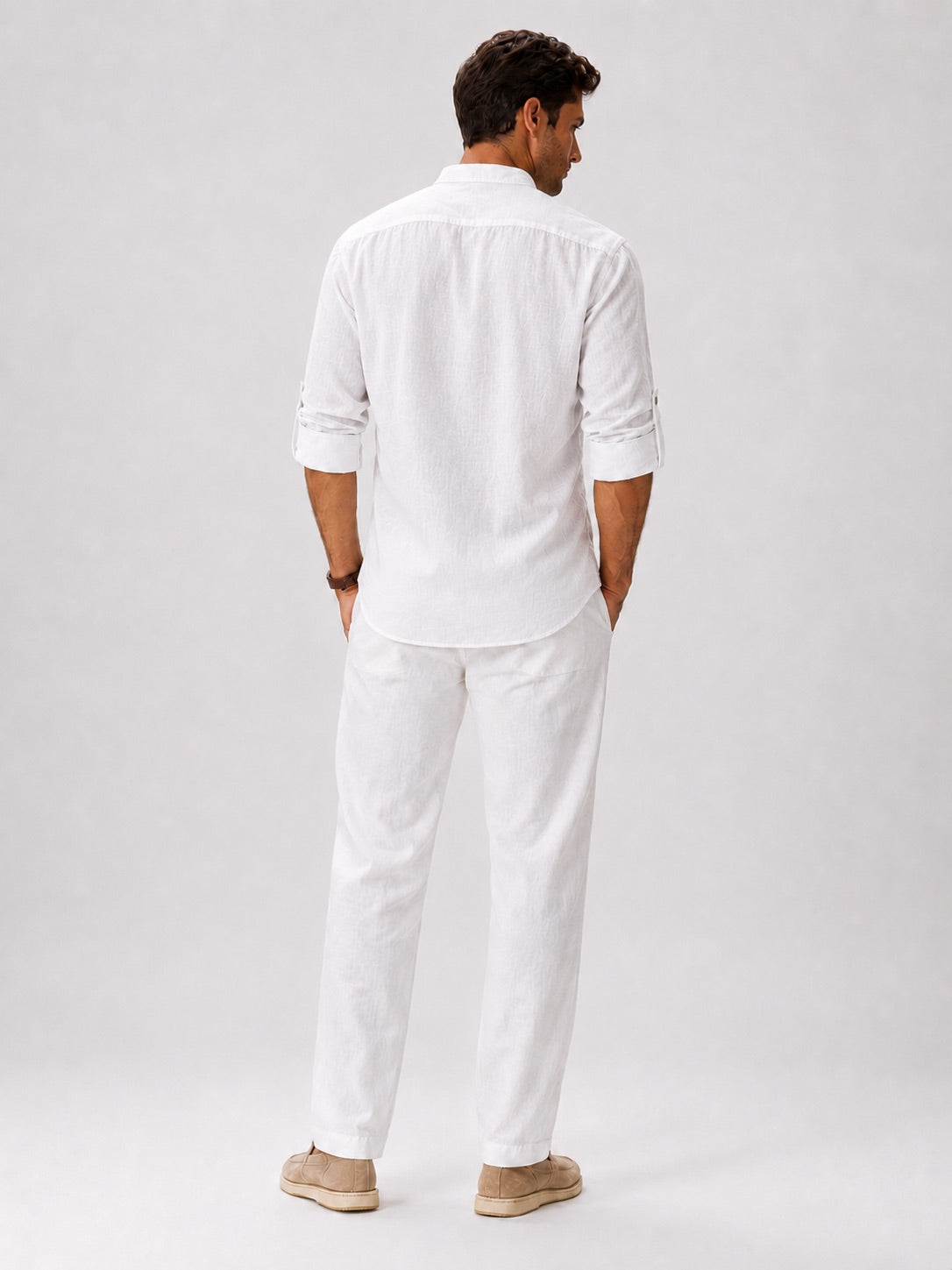 Men's Band Collar Shirt Lightweight Breathable Button-Up Summer Shirt for Vacation and Coastal Style