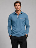 Men’s Long Sleeve Polo Shirt Check Panel Casual Autumn Top for Business Casual and Everyday Wear